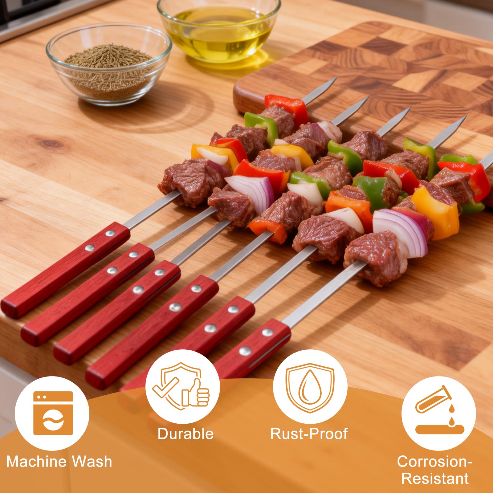 sourcing map 6 spiedini in metallo per grigliare, 57 cm, piatti in acciaio inox, con manico in legno, durevoli, riutilizzabili, per grigliare, barbecue, cucina, picnic, feste, argento
