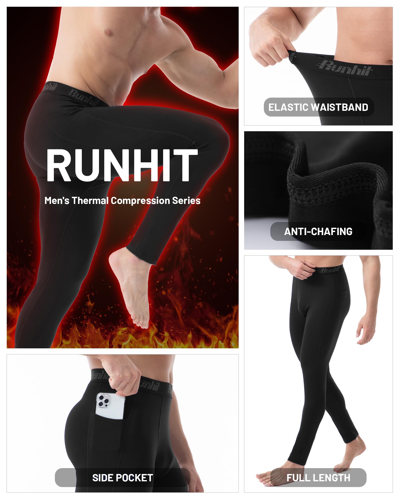 Runhit Męskie termiczne spodnie kompresyjne z kieszeniami warstwa podstawowa na zimną pogodę sprzęt zimowy sportowe legginsy do biegania rajstopy
