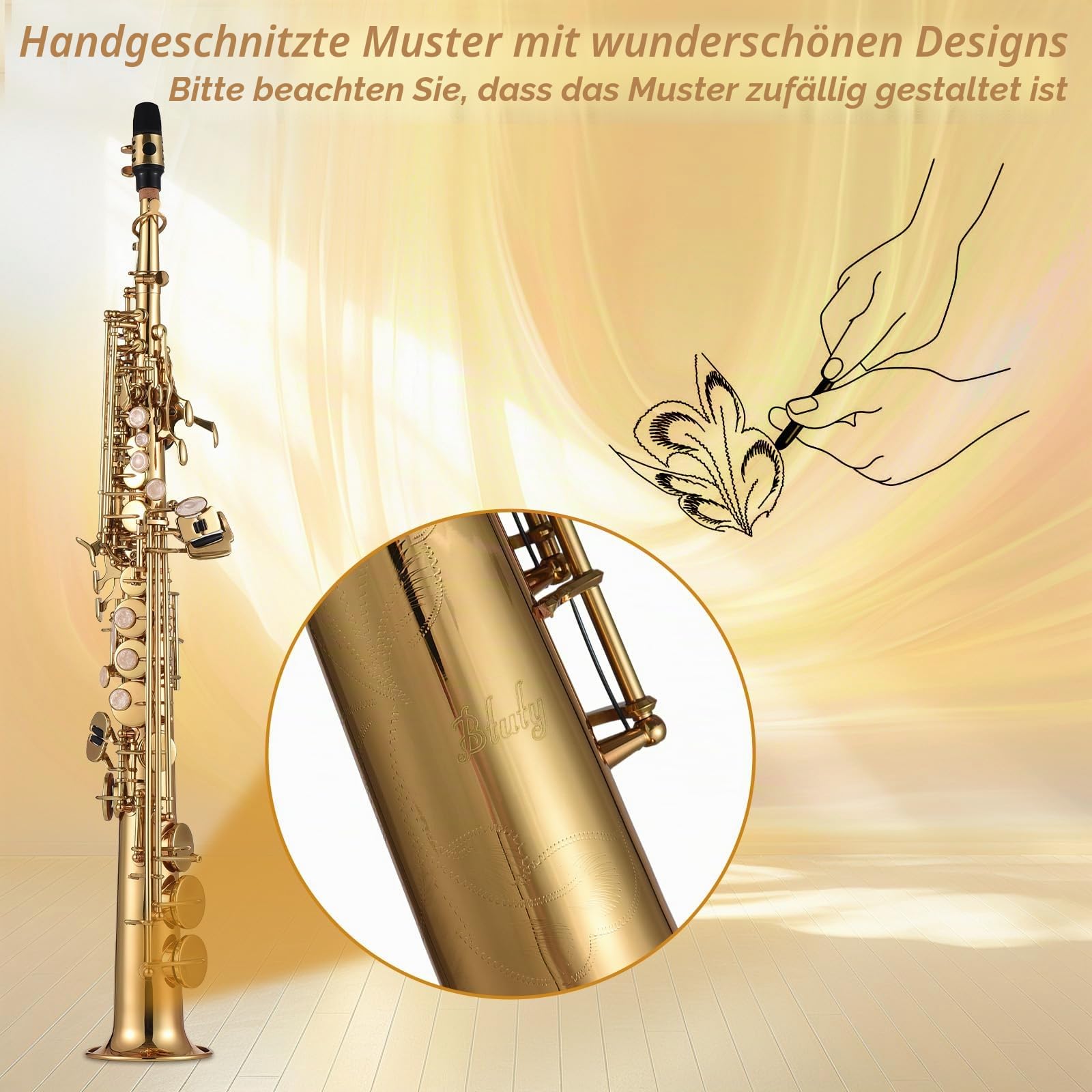 Btuty Sopran-Saxophon Saxophon Direkt Messing BB B Schüler mit Reinigungsbürste Koffer Handschuhe Stoffreiniger Gurt gepolsterte Tasche