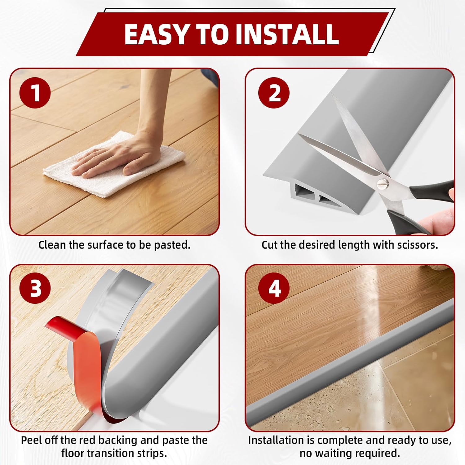 Carpet to Tile Transition Strip, Vinyl Floor Transition Strip Self Adhesive for Door Threshold Height Within 0.39", Carpet Edge Trim, Waterproof Transitions Strips for Doorways Floor, Grey