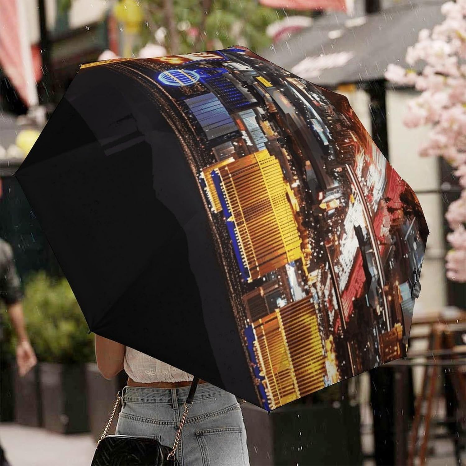 Las Vegas Night City Automatic Golf Umbrella Folding Umbrella | Windproof Travel Umbrella Portable Compact Umbrella with Storage Pouch for Golf Backpack Men Women
