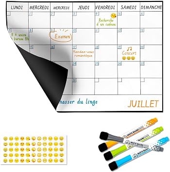 SB Calendrier Mensuel Magnétique Pour Frigo A4 30X21CM + 4 Marqueurs Premium + 55 Stikers Aléatoires | Tableau Magnetique Frigo pour le planning familial mensuel 100% modifiable.