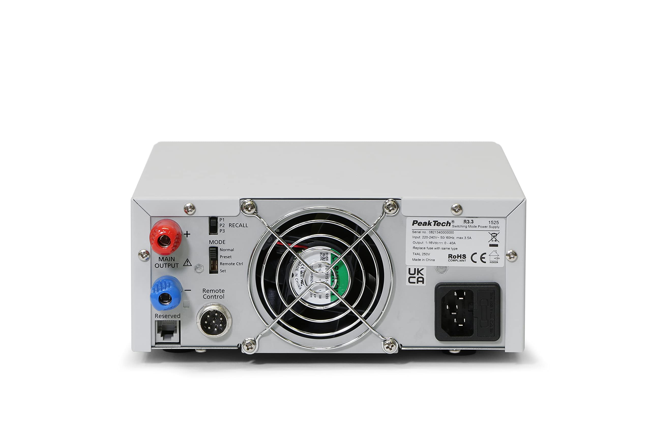 PeakTech 1525 - Générateur de Laboratoire DC 1-16V / 0-40A avec Affichage LED à 3 Chiffres, Alimentations, 3 Préréglages Enregistrables, Protection Contre Les Surcharges - 200~240V AC