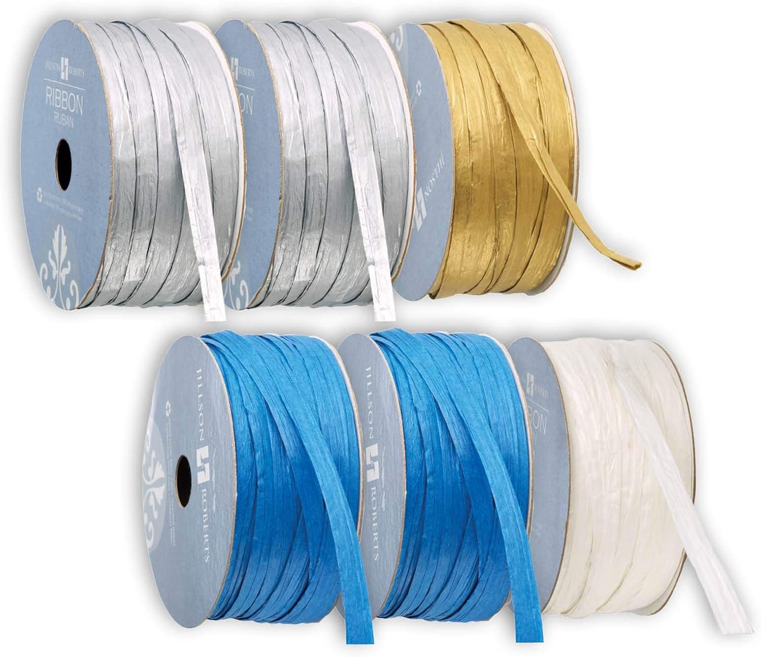 Jillson Roberts 6 Spool-Count 1/4" x 50' Paper Raffia Ribbon Hanukkah Assortment, Silver/Gold/Royal/White