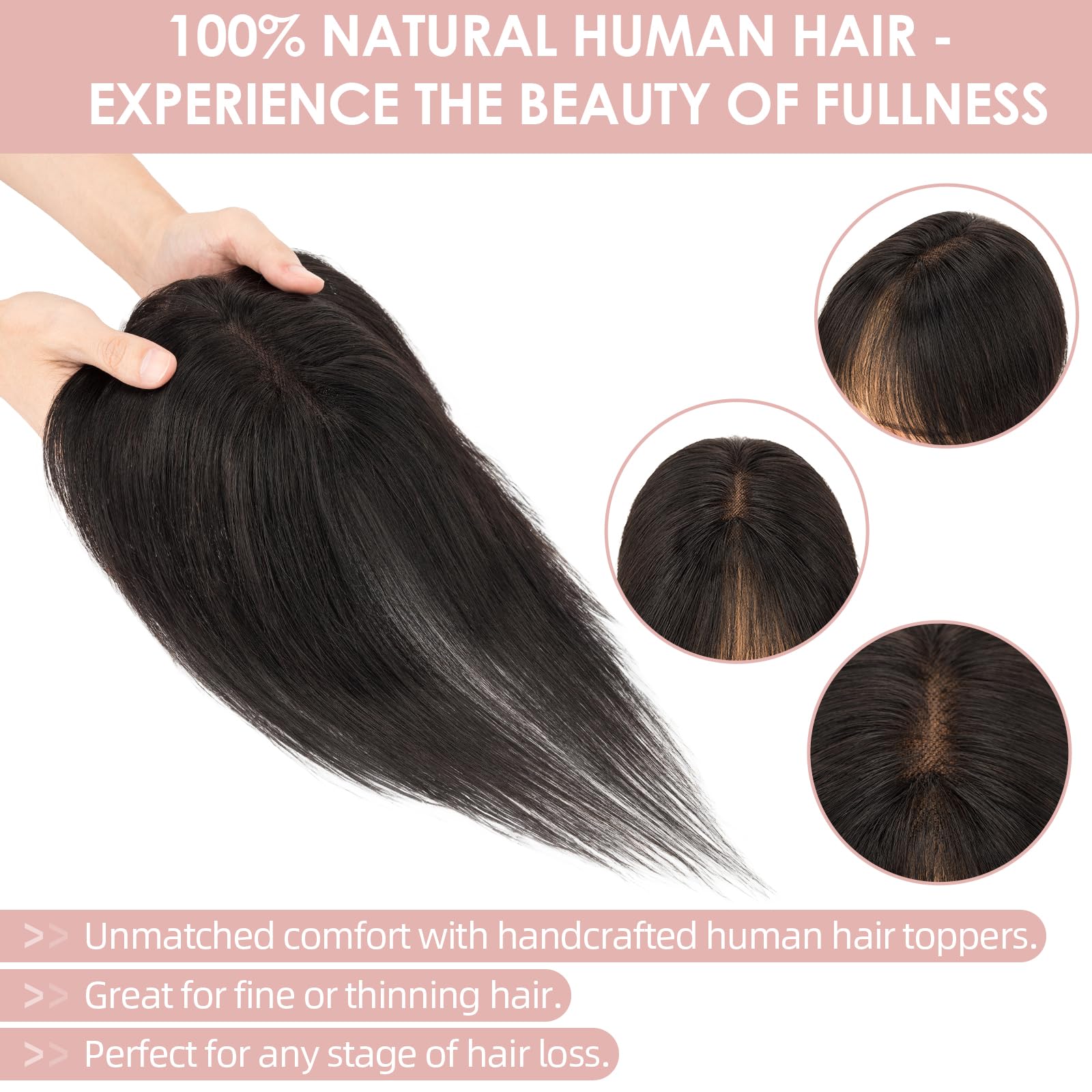 Silk-co 27cm Prótesis Capilar Mujer Pelo Natural Superior Craftsmanship Clip Toupee con Flequillo Postizo 21g 100% Cabello Humano Remy Hair Extensiones de Topper Encaje 8cm*11cm #1B Negro Natural