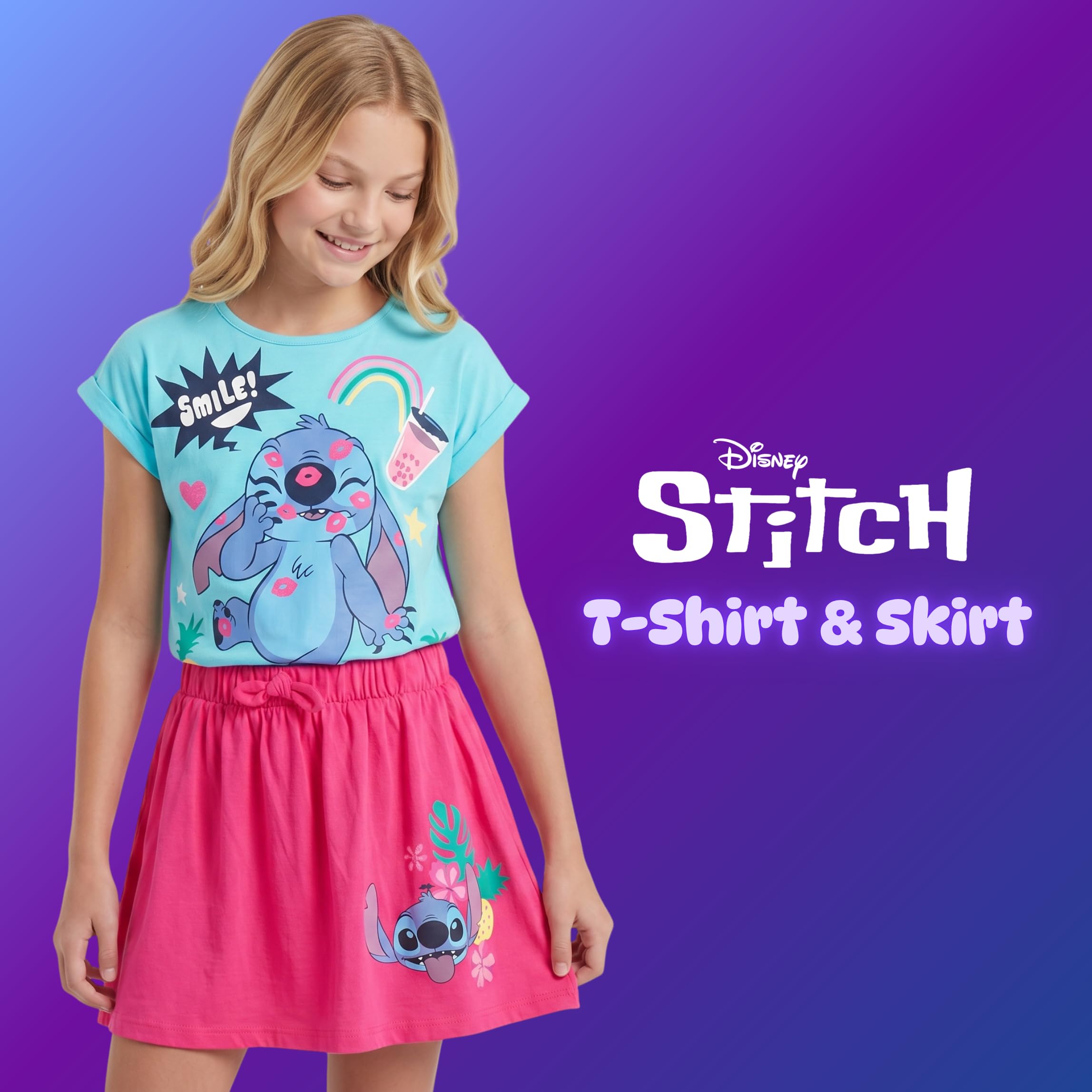 Disney Stitch Set da 2 Pezzi per Ragazze, Maglietta e Gonna con Motivo Smile per Bambine, Taglie 3 a 8 Anni