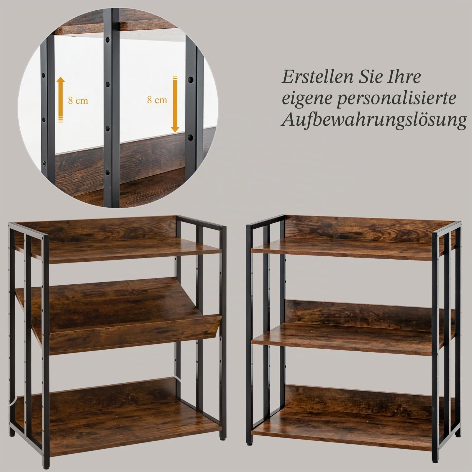 HOMASIS Bücherregal mit 3/5 Ebenen, industrielles Standregal mit verstellbaren Regalboden & Metallrahmen, Aufbewahrungsregal Gewürzregal Küchenregal für Wohnzimmer Küche Büro (Vintage Braun)