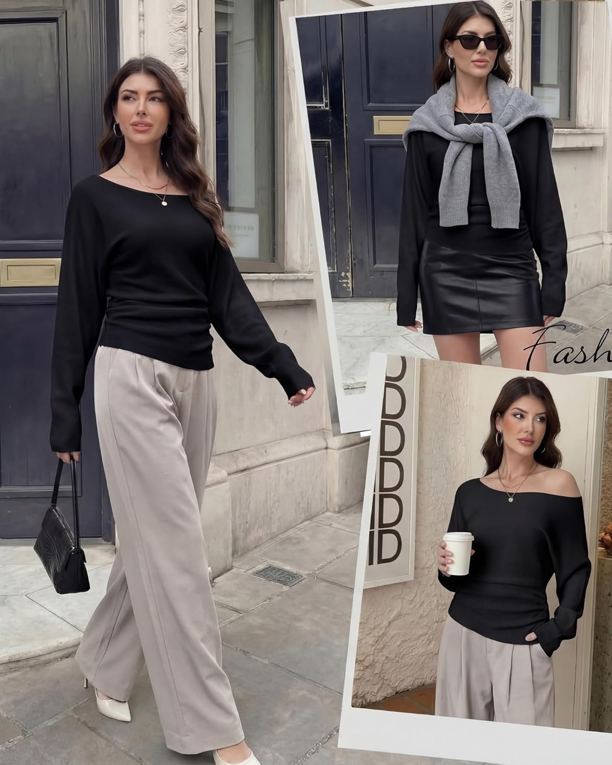 Women Off Shoulder Sweater Bat Wing Sleeve Ribbed Knit Pullover Cinched Waist Boat Neck Winter Going Out Jumper Top - Image 2