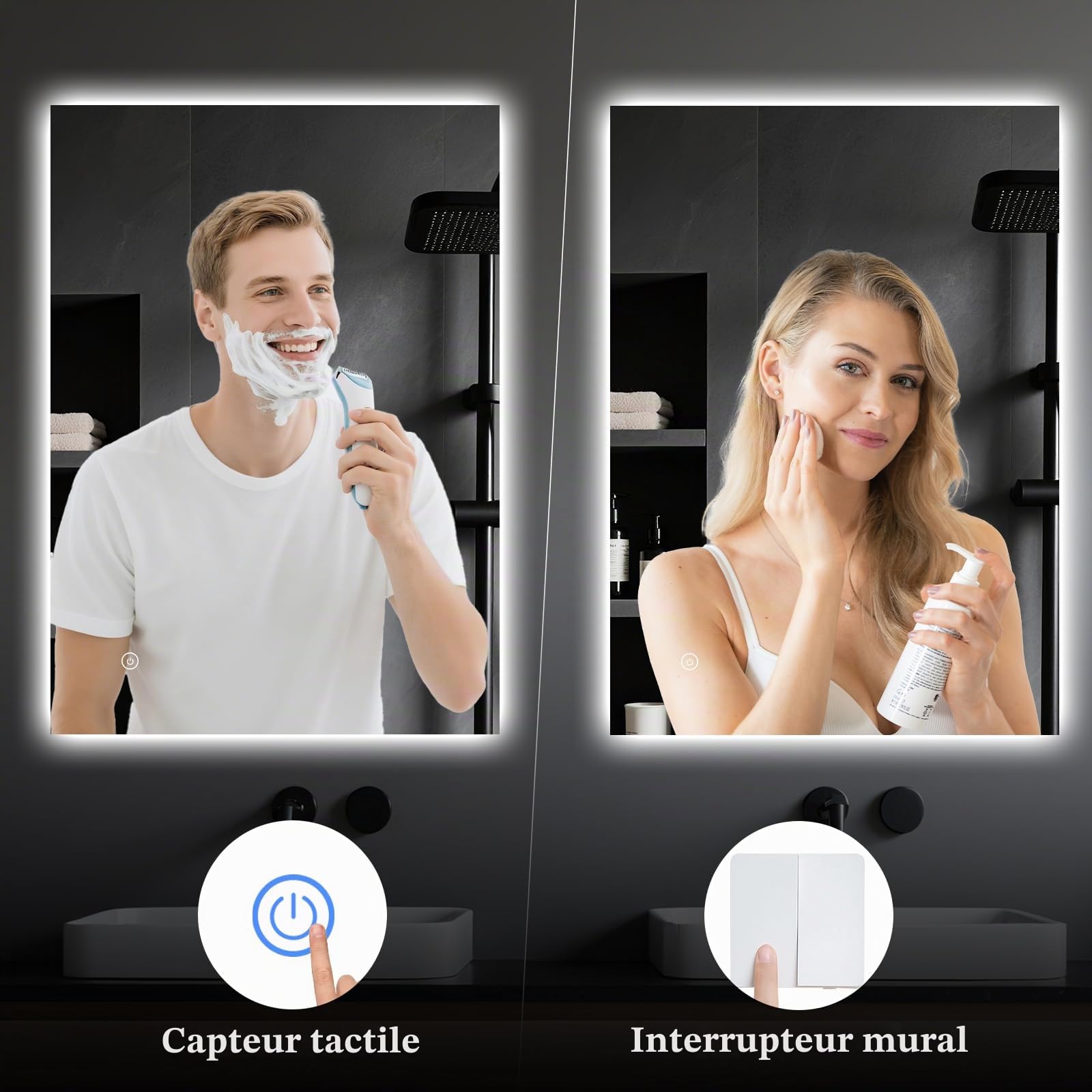 Miroir de salle de bain avec éclairage 40x60cm - Miroir de salle de bain LED avec éclairage, interrupteur tactile, variable, 3 couleurs de lumière, miroir mural LED pour salle de bain