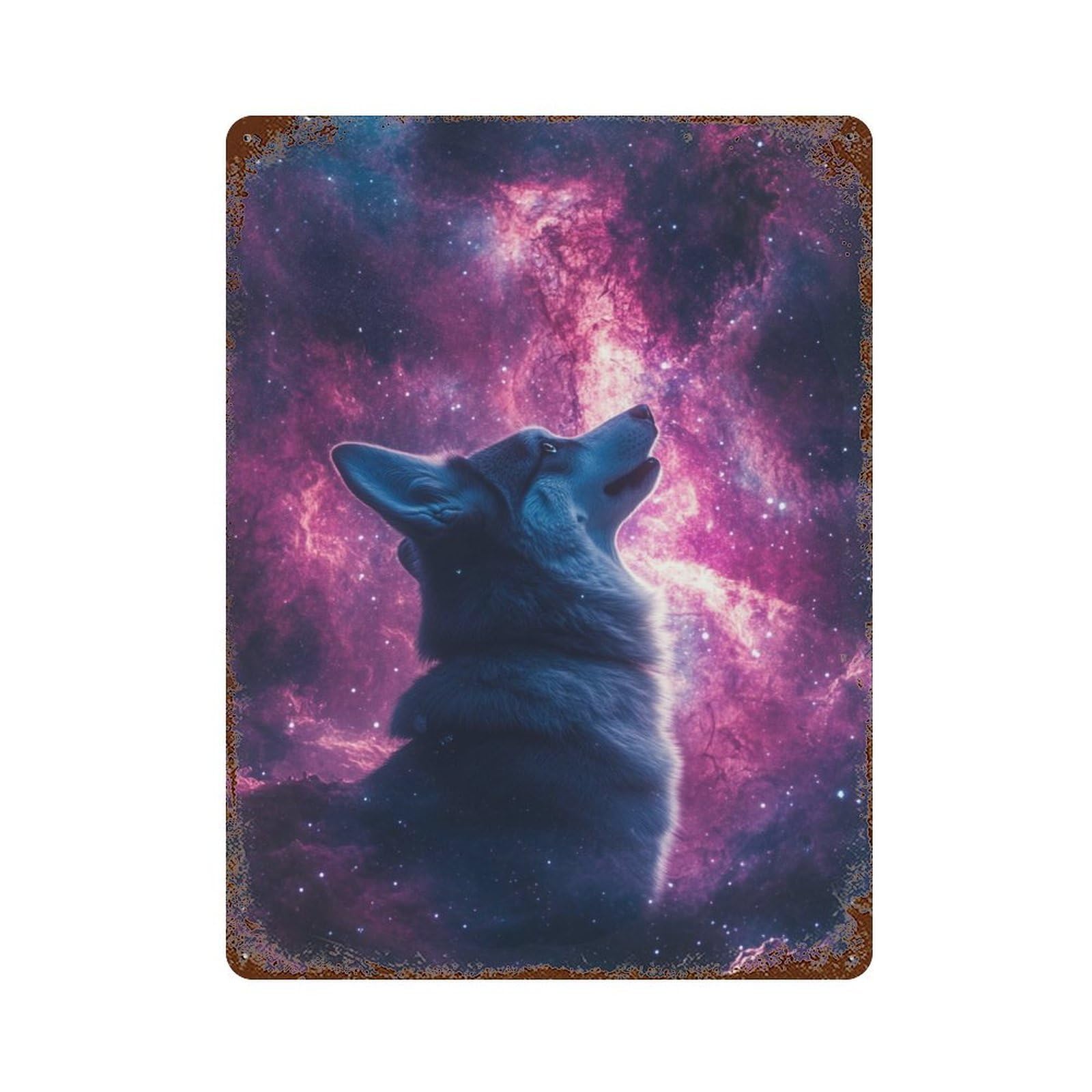 Garage Style Wolf Howling at Galaxy Retro Metal Sign 15.7"x11.8", Classic Wall Plaque for Bar And Workshop