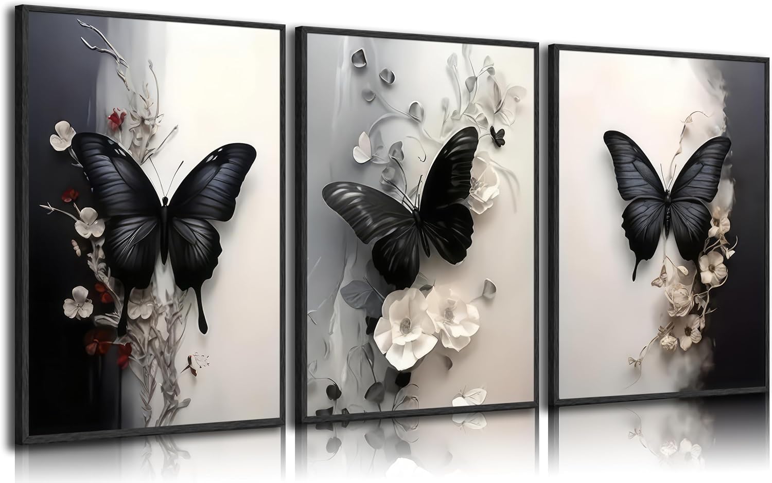 Black Framed Butterfly Canvas Wall Art Black and White Flowers Picture Wall Decor Modern Abstract Textured Florals Poster Minimalist Botanical Painting Prints Artwork for Living Room Bedroom Bathroom