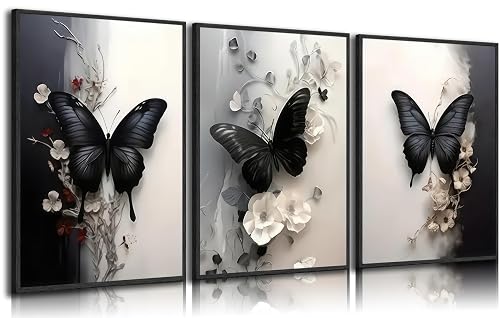 3Pcs Butterfly Canvas Wall Art Black and White Flowers Picture