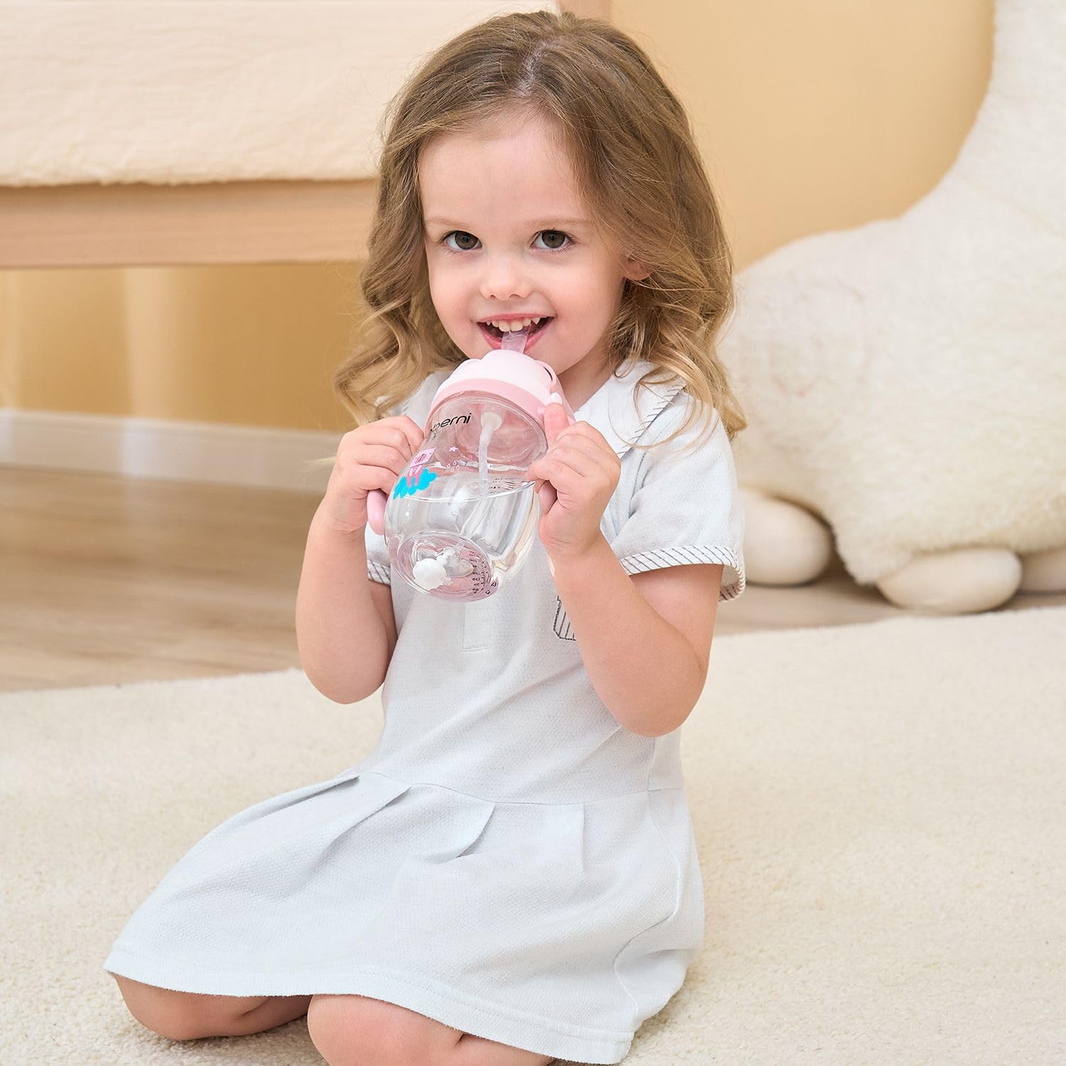 Toddler Sippy Cup, Tritan Baby Water Bottle With Non-Spill Valve Spout, Removable Handle and Carry Strap, 270ml/12m+/Pink/Pack of 3