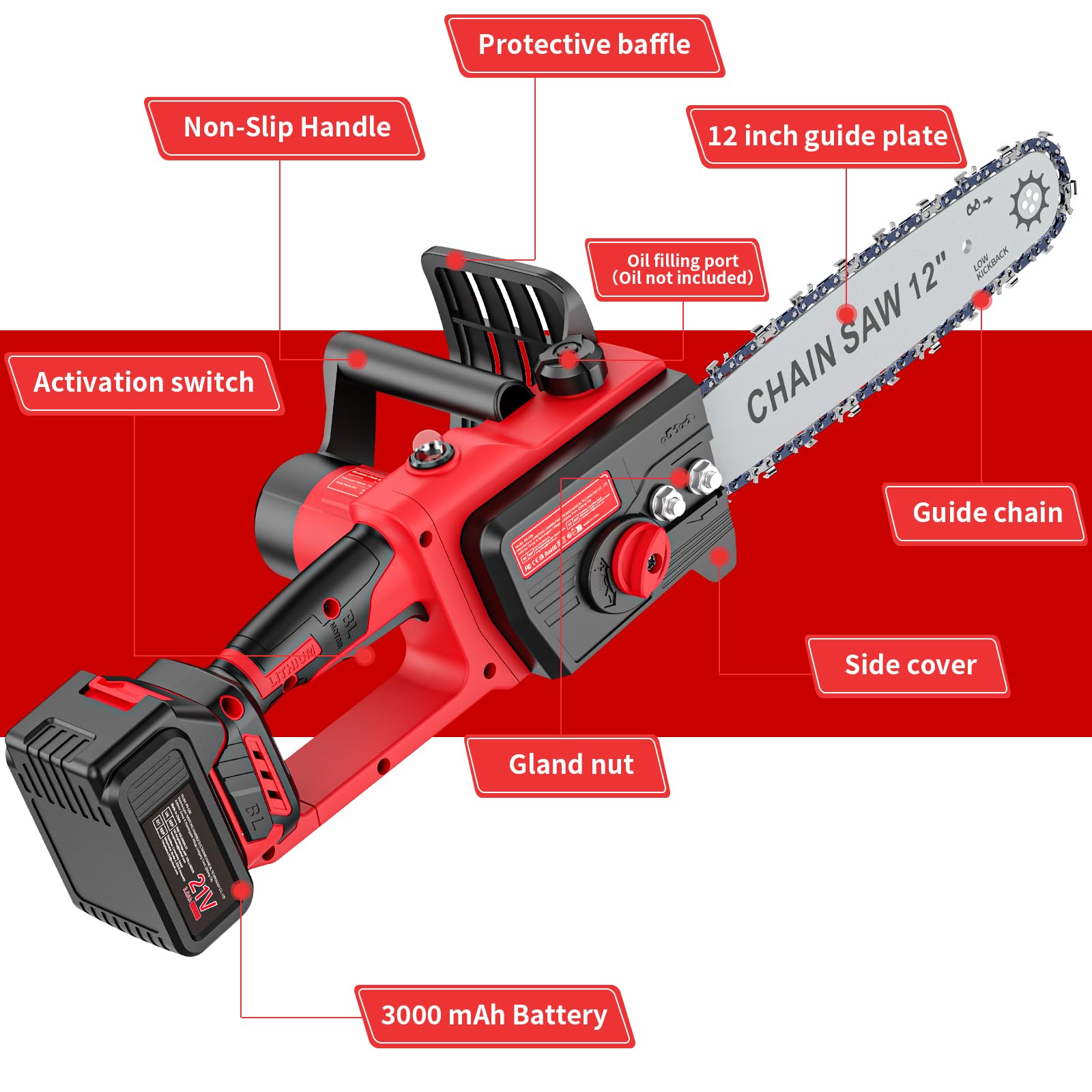 Brushless Kettensäge mit Akku 3000mAh * 2, 12 Zoll Akku Kettensäge Elektro, Einhand Mini Kettensäges Elektrische mit Automatischer Öler, für Gartenscheren Astschere Holzschneidenz (S)