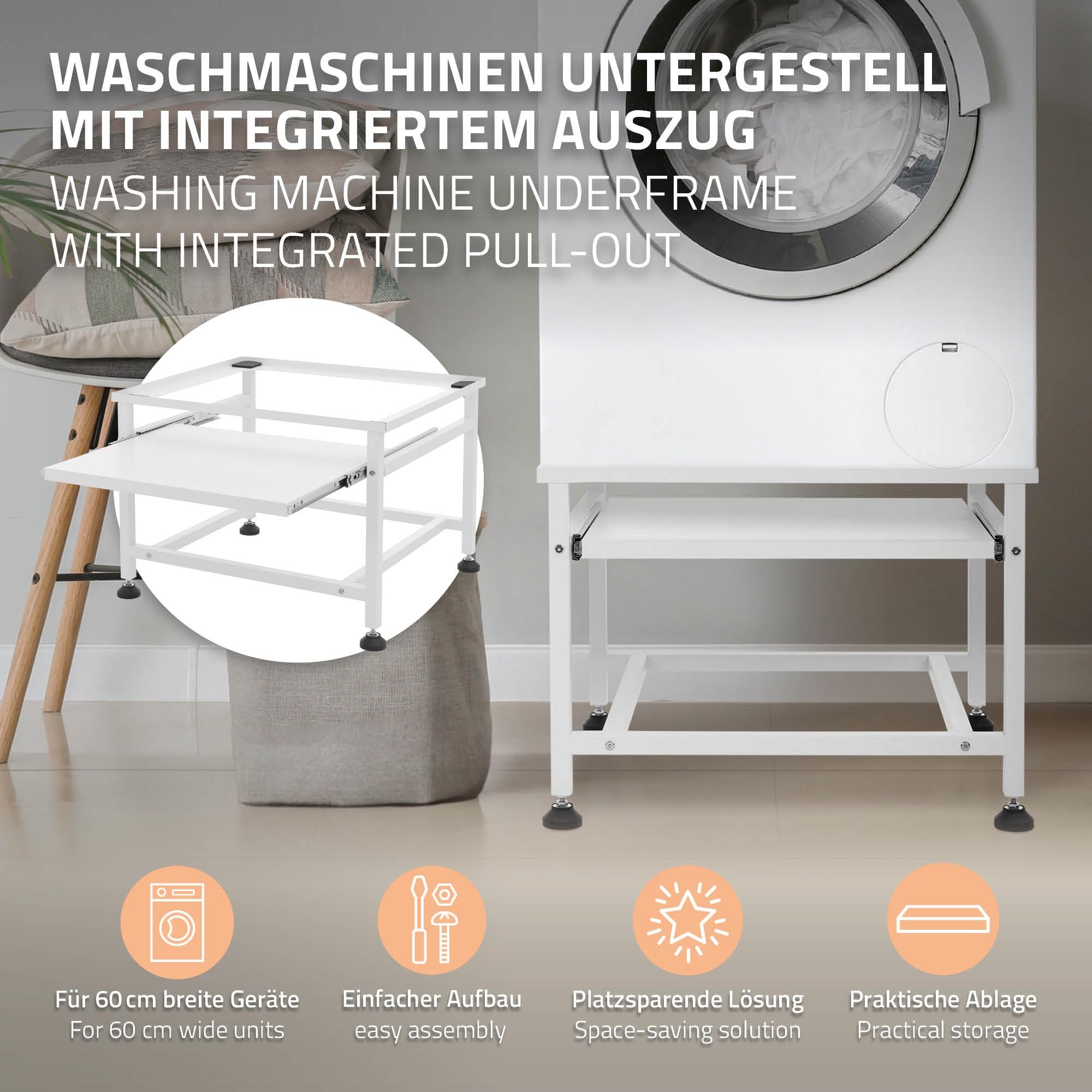 ML-Design Waschmaschinen-Untergestell mit ausziehbarer Ablage, Waschmaschinensockel aus Stahl, Trocknersockel Podest Unterschrank Erhöhung, bis 150 kg, höhenverstellbaren Füße, Weiß, 62,5x50,1x40,5 cm