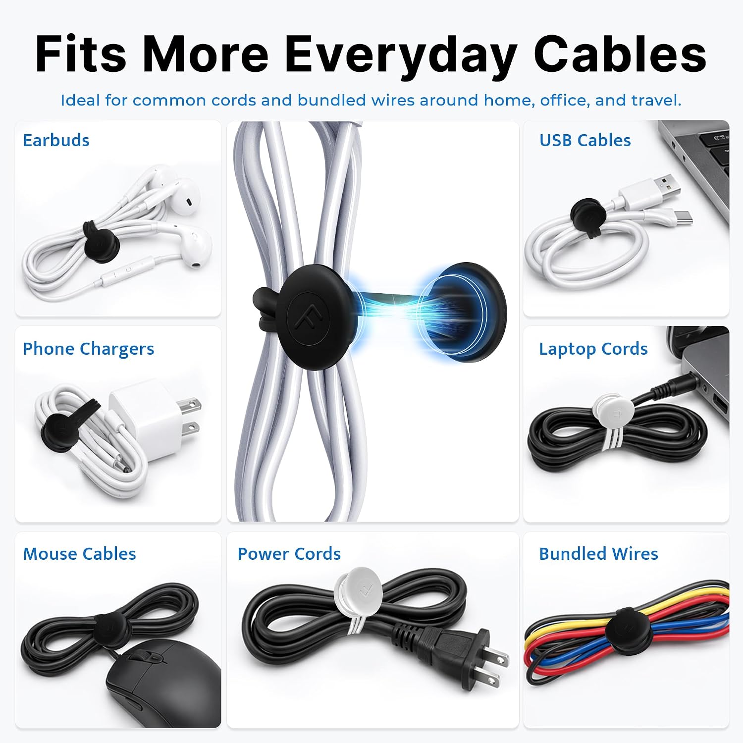 COOLMI Magnetic Cable Ties 8 Pack, 6.88 Inch Reusable Silicone Cord Organizer Wraps, Strong Magnet Cable Management Straps for Charging Cords, USB Cables, Earbuds, Desk, Travel, Black and White image 4