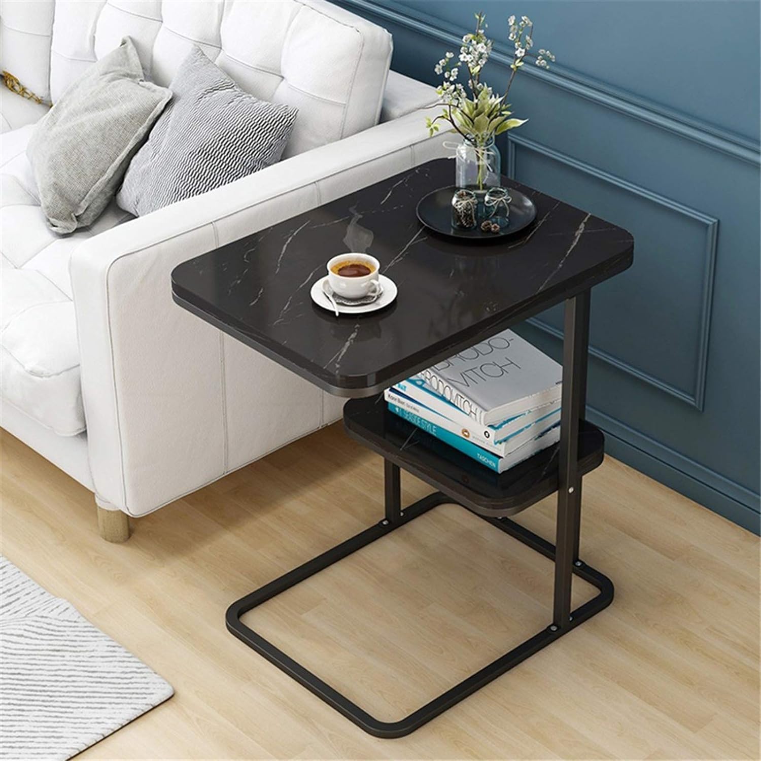 Aimery Office End Table 2-Layer End Table, C Shaped Side Table with Steel Frame, Squre Bedside Table for Balcony Sitting Room Leisure Places (Color : C)