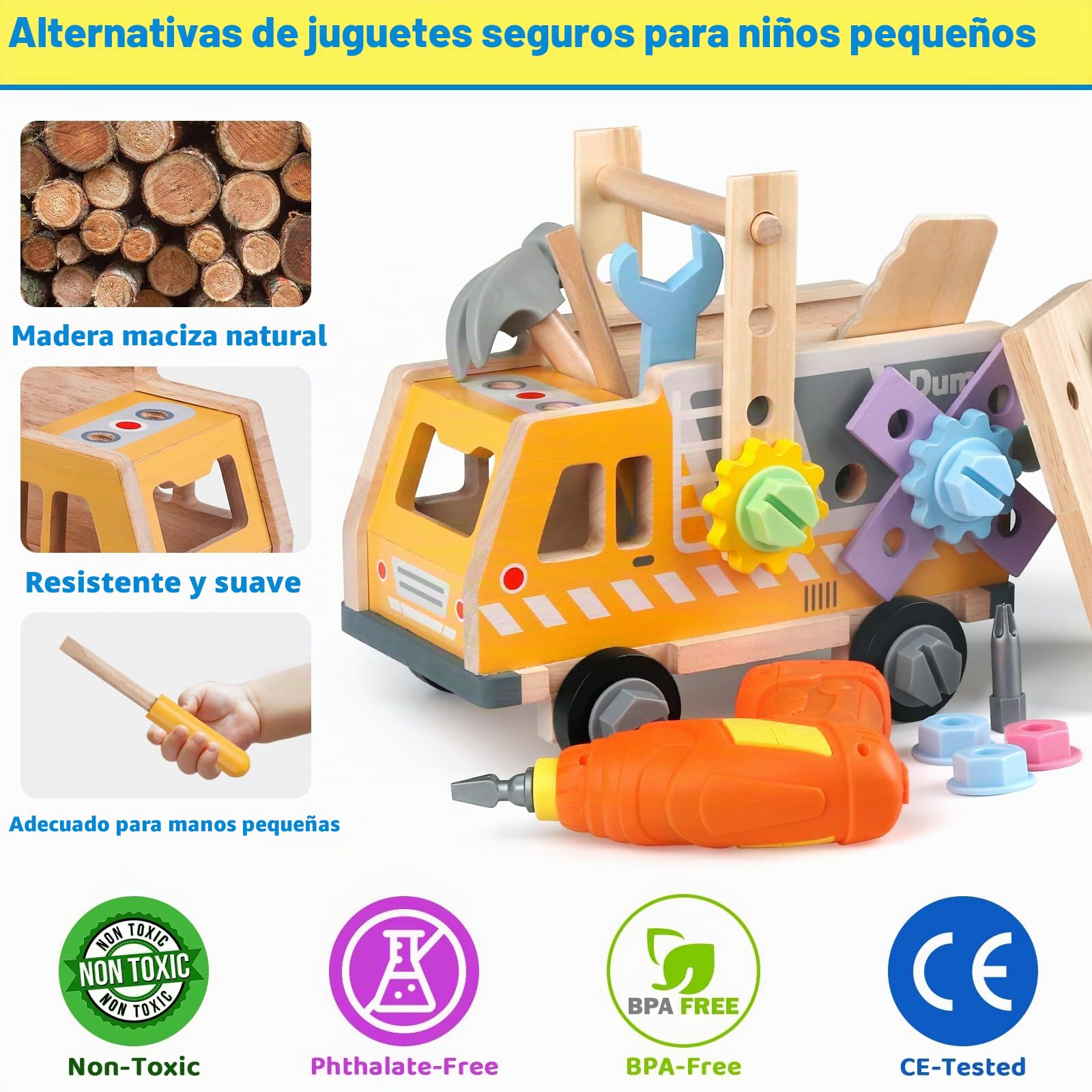 Juego de Herramientas Niños 40 Piezas, Caja Herramientas Juguete de Madera Montessori, Banco de Trabajo Camión Volquete 2 en 1, Juguete Educativo Regalo Niños Niñas 2 3 4 5 Años