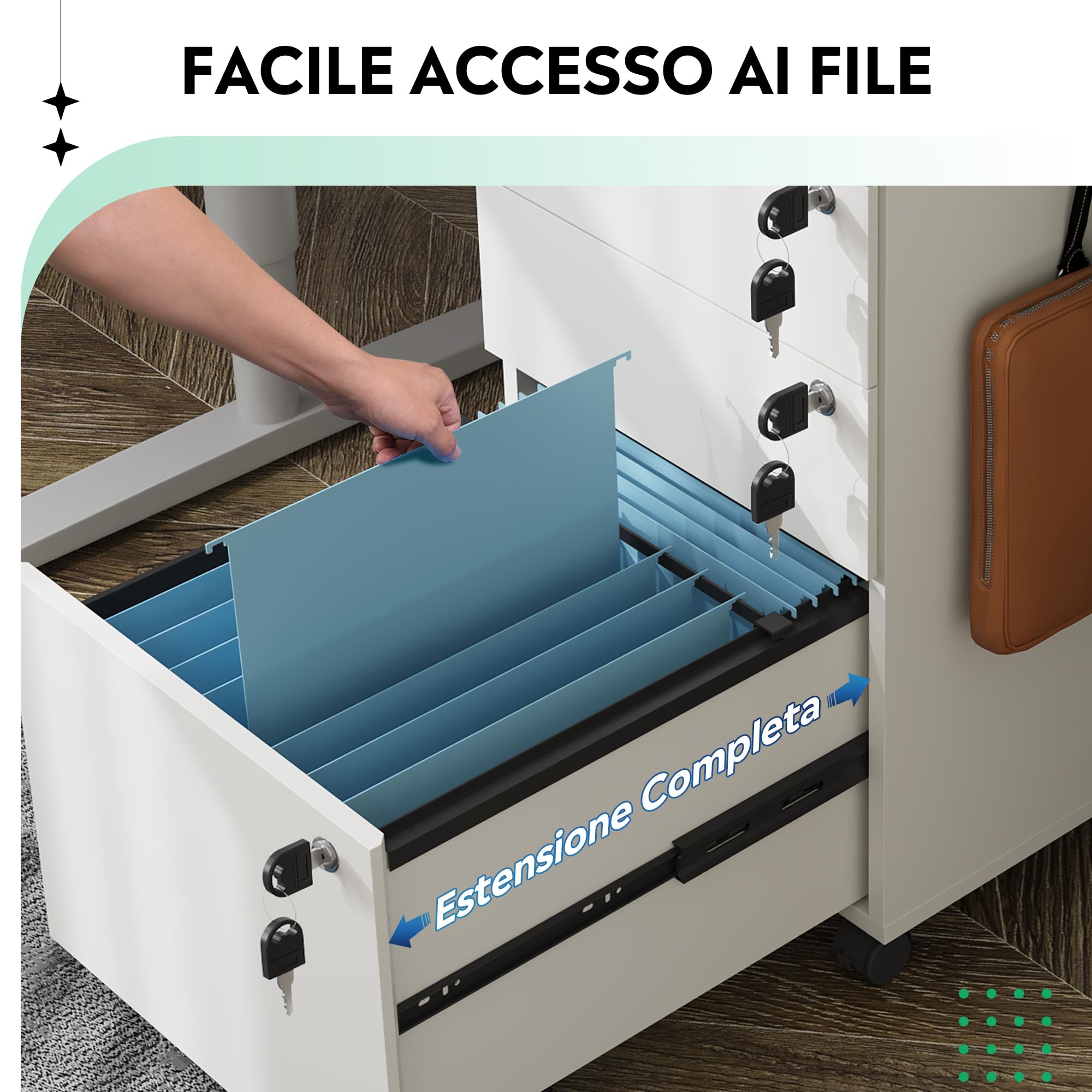 DEVAISE Mobile Archiviatore a 3 Cassetti con Serratura, Cassettiera Sottoscrivania in Legno per Casa/Ufficio, Ideale per Formato Lettera/A4, Bianco