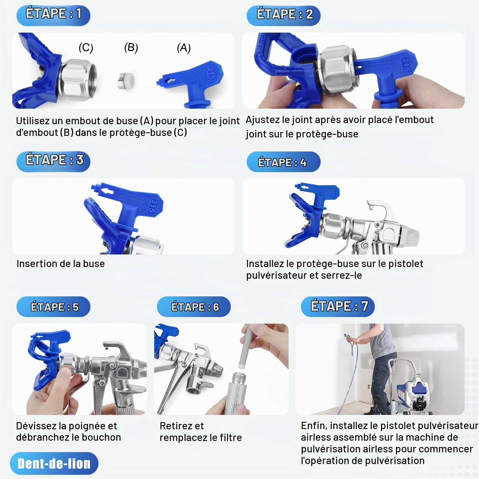 Kit de Pistolet a Peinture Airless,avec 5 Buse de Pulvérisation Airless, Buse Siège, Airless Peinture Pistolet Tige De Rallonge et Joints Rotatifs et 60 Mesh Éléments de Filtre et la Boîte