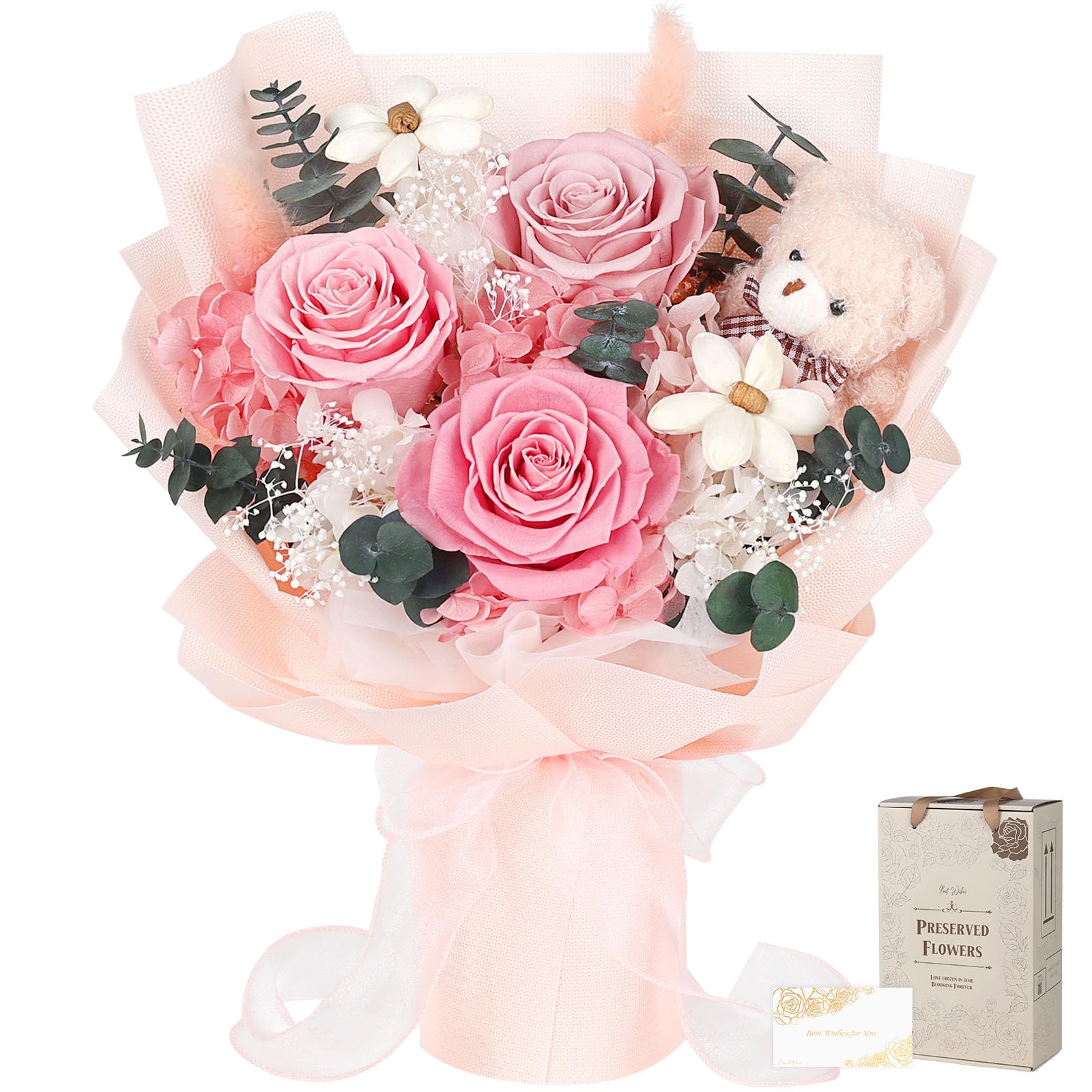 Preserved Flowers Bouquet with Bear, 3 Real Forever Flowers for Delivery, Long-Lasting Pink Eteranl Roses Bouquet, Anniversary Birthday Mothers Day Gifts for Mom Grandma Women Her Girlfriend