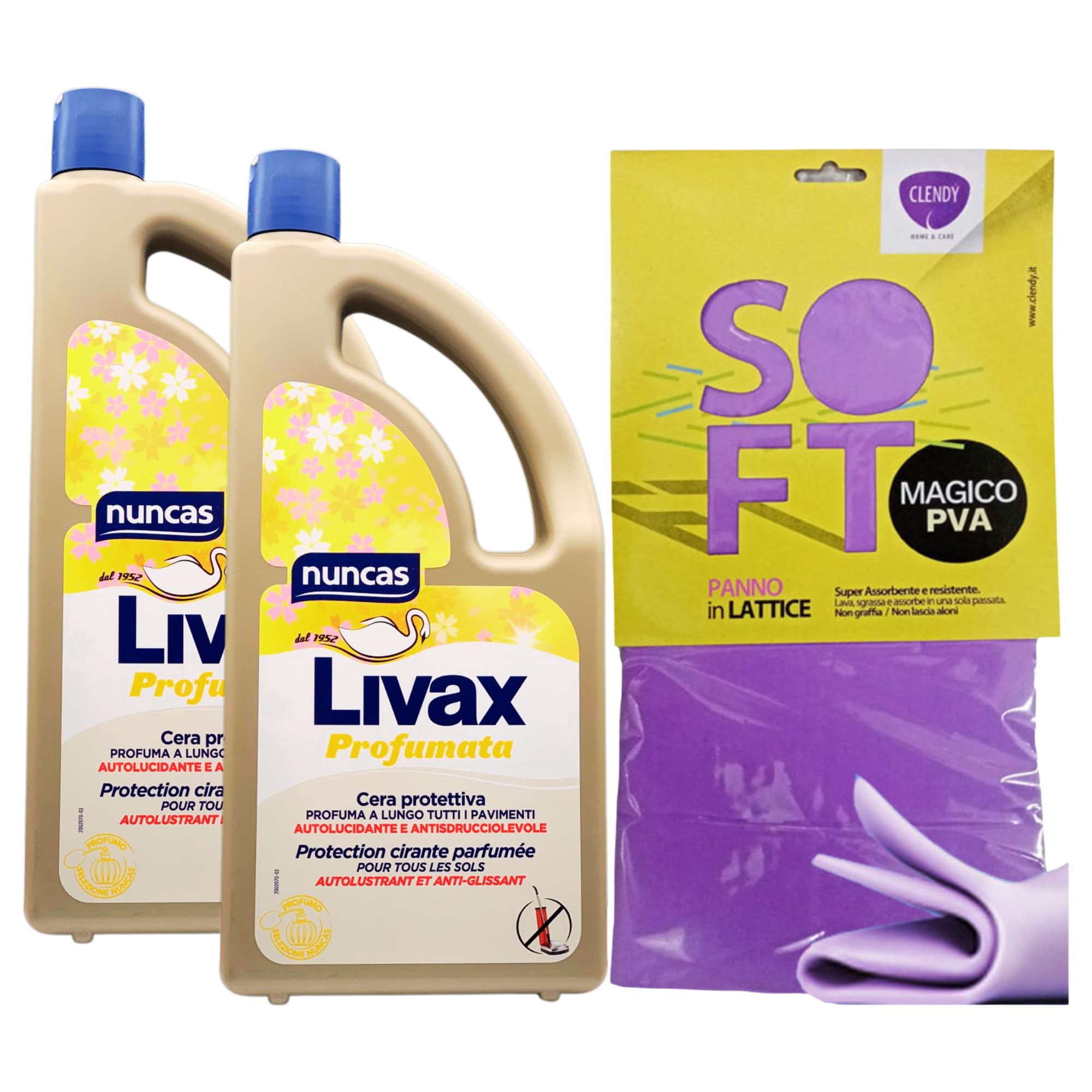 SET: Livax Cera Protettiva PROFUMATA, Profuma a Lungo Tutti i Pavimenti. Autolucidante e Antisdrucciolevole 1000ml + Panno In Lattice SOFT, Formato 30x30 (2 Livax + 1 Panno Lattice)