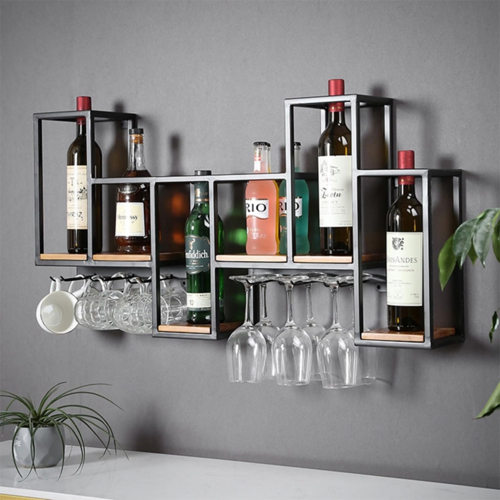 Estantería de Botellas de Vino, Botellero de Hierro de Estilo Industrial, Enfriador de Vino Montado En La Pared con Botelleros Botellero de Almacenamiento Multifuncional