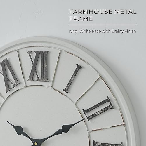 Miniatura 6 de Reloj de pared grande de granja de 24 pulgadas, blanco rústico, número romano envejecido, cara de metal, funciona con pilas, reloj de pared