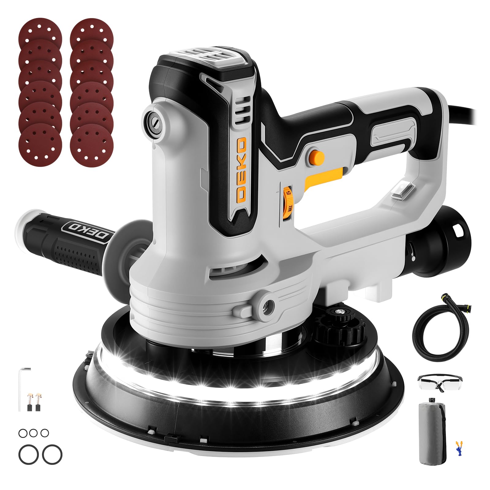 DEKO Levigatrice Muro 710W 6 Velocità, con Aspiratore LED, per Cartongesso | 1000-2100 Giri/min, Ø 180mm, Tubo Flessibile e 12 Dischi di Levigatura, Levigatrice Manuale per Pareti Intonaco e Soffitti