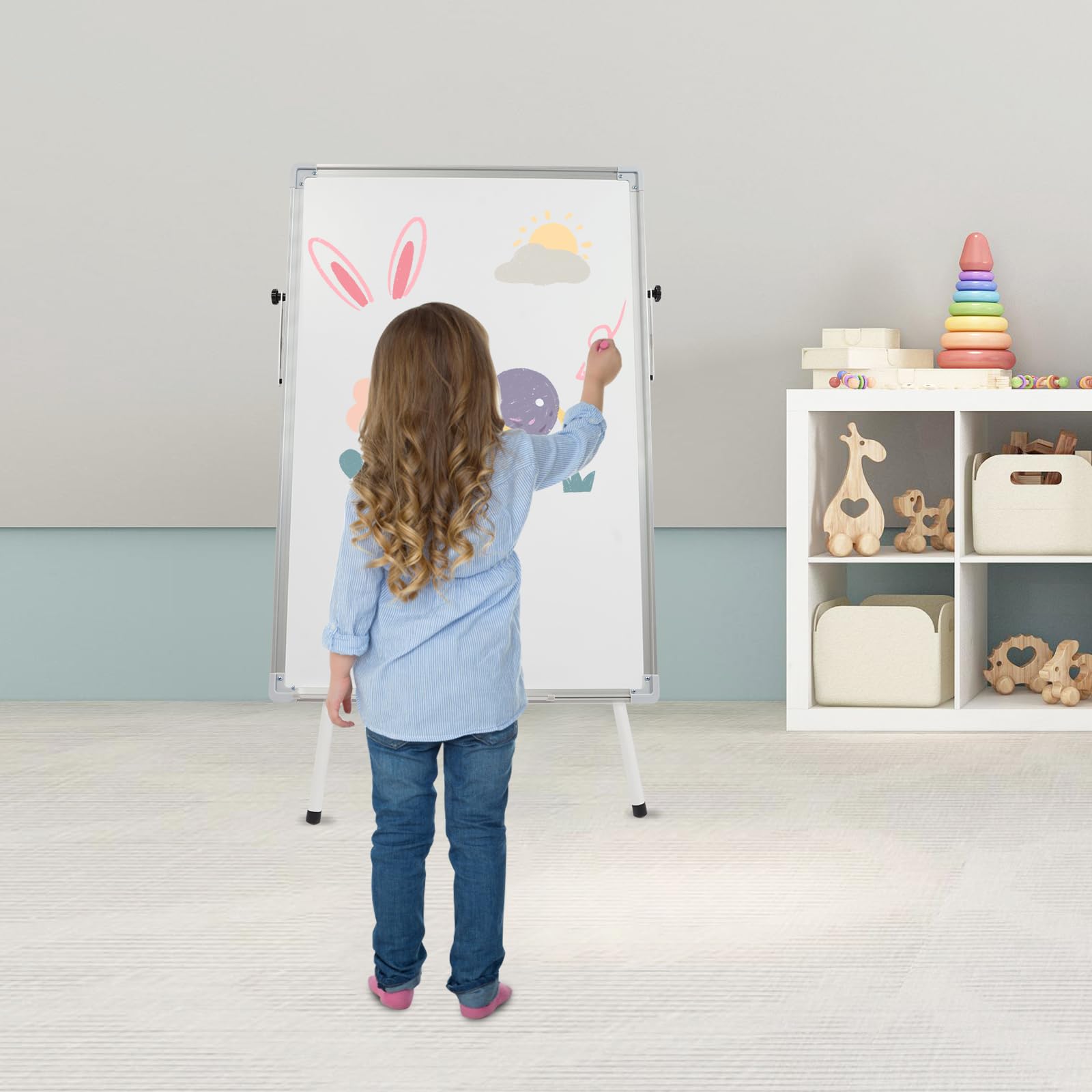 Pizarra blanca con soporte, 61 x 92 cm, magnética, portátil, borrable en seco, altura regulable, trípode con 3 bolígrafos, 1 goma de borrar, 6 imanes autoadhesivos