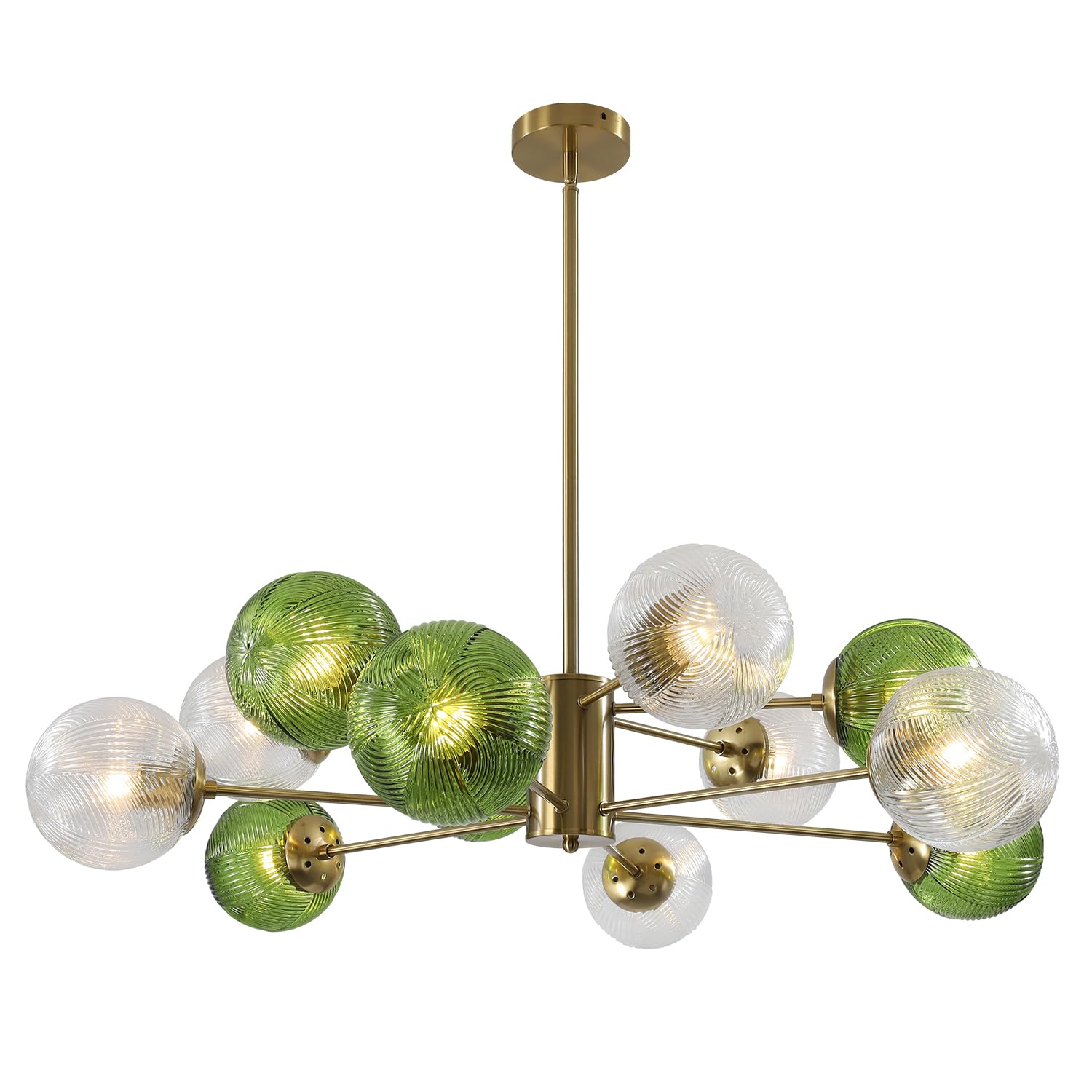 SYAXVOM Modern 12-Light Bubble Ball Glass Chandelier - Large Green Pendant Ceiling Light Brushed Brass Gold Sputnik Fixture for Dining Room