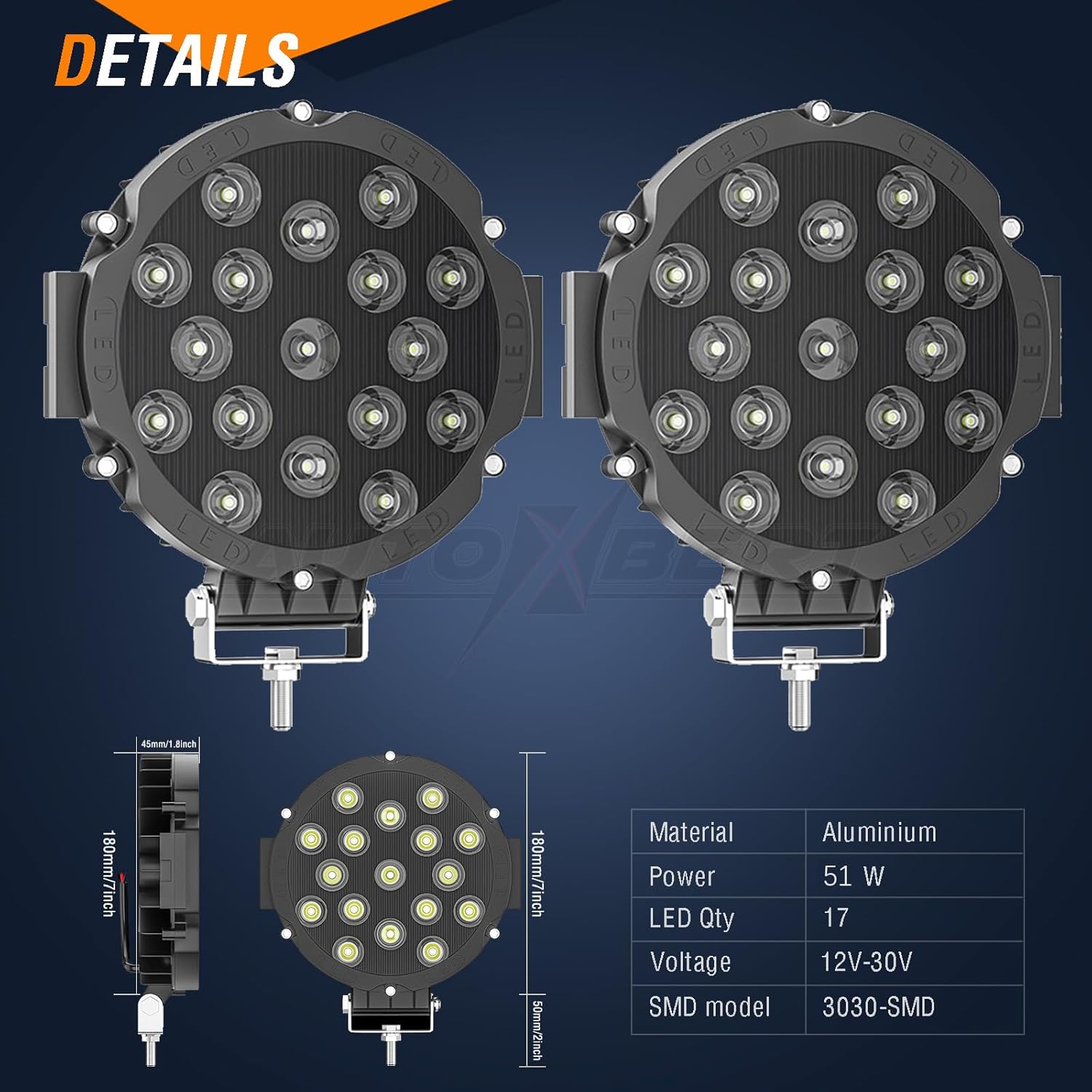 AUTOXBERT 7 Inch Round LED Offroad Lights, 51W Fog Driving Led Spot Lights Work Lamp Roof Bumper for Trucks ATV SUV Jeep Boat tractor, Pack of 2, Black
