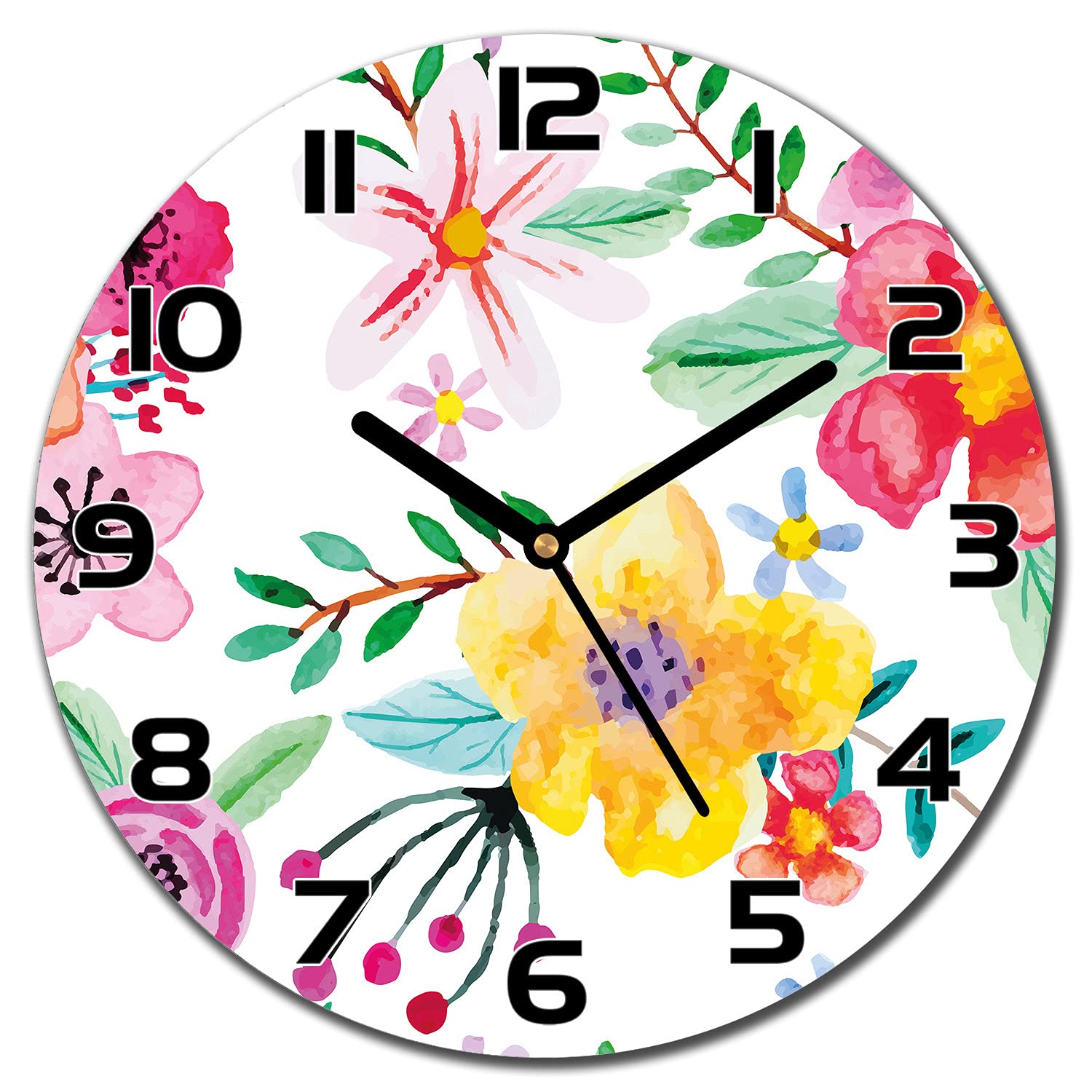 Horloge murale en verre lisible avec aiguilles noires et motif fleurs de jardin