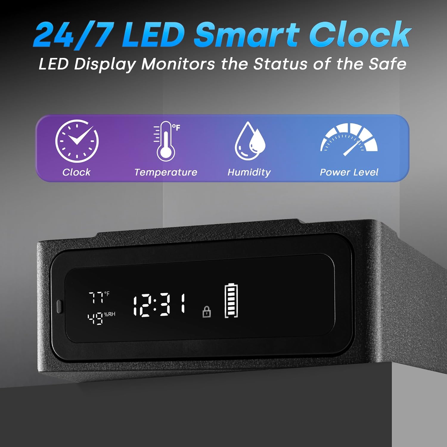 Biometric Gun Safe for Handgun with Wireless Charging, Quick Access Smart Fingerprint Gun Safe, Bedside Pistol Case with 24/7 Digital Alarm Clock and LED Light, Black