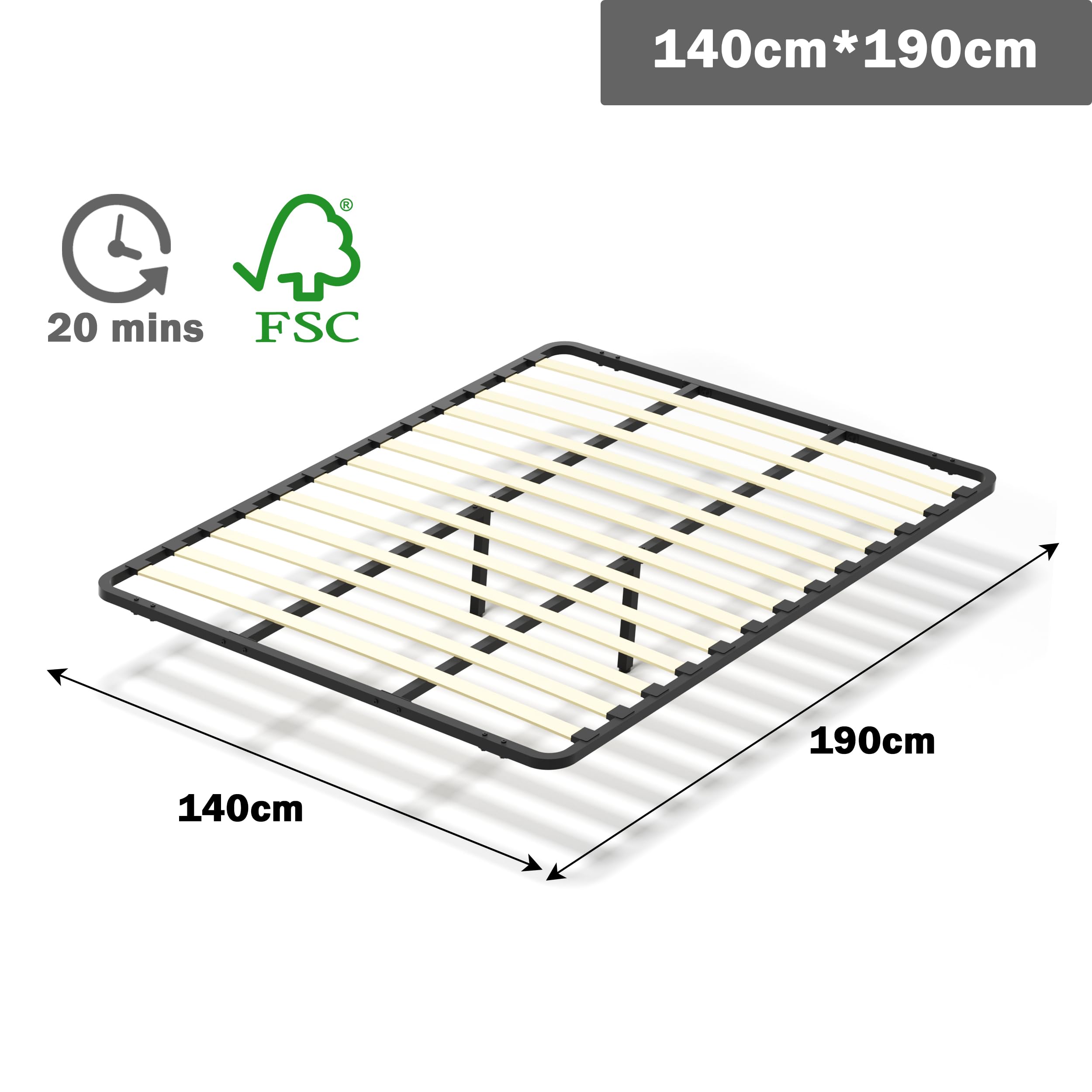 DEWINNER Somier de 140 x 190 cm sin patas de apoyo con dos barras de hierro, red francesa de 140 x 190 cm empotrada y 2 patas ajustables para refuerzo en el medio, 13 láminas, ortopédica, montaje