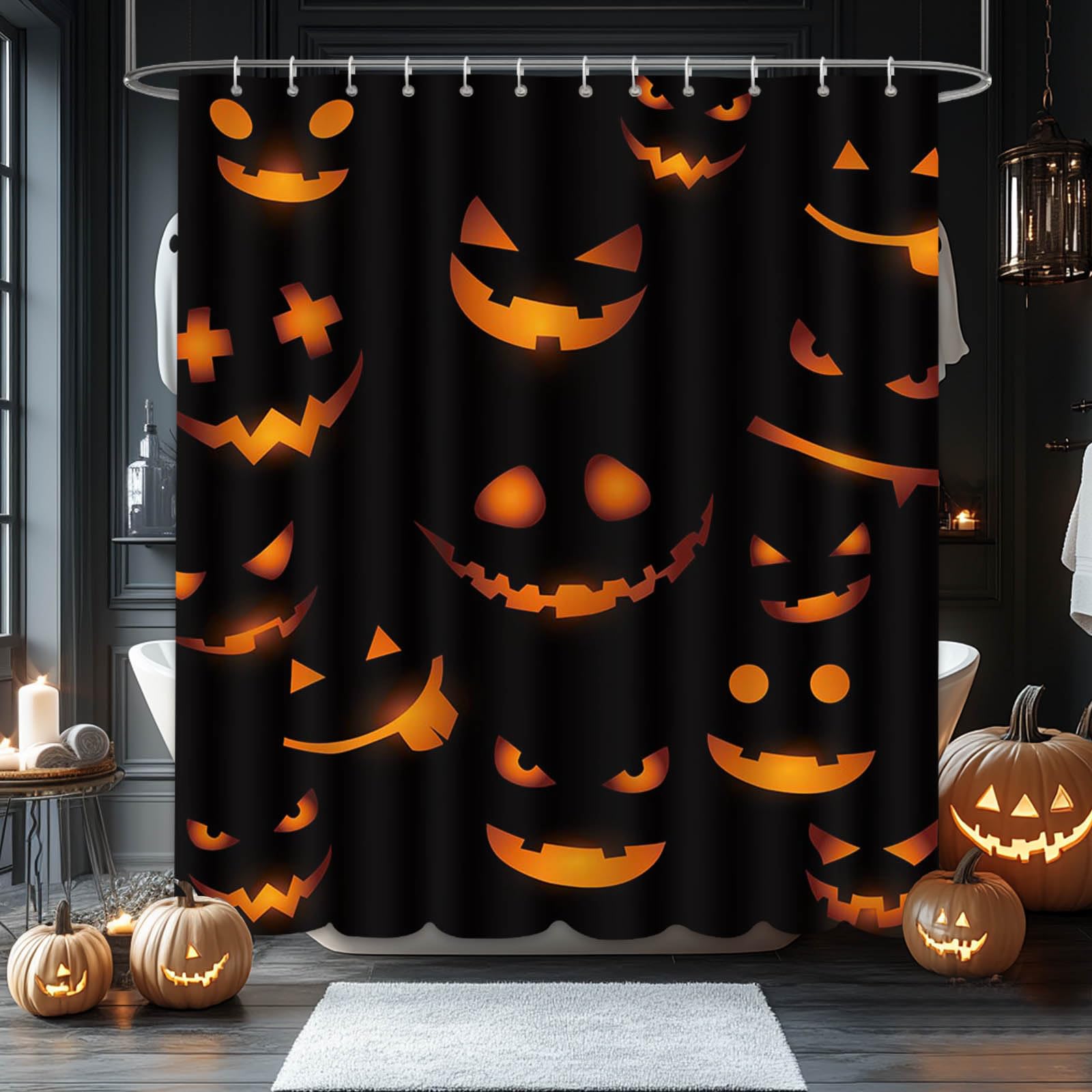 AIBIIN Halloween Shower Curtain Black Evil Pumpkin Bath Curtains Durable Waterproof Polyester Material with 12 Hooks 180x180cm - Image 4