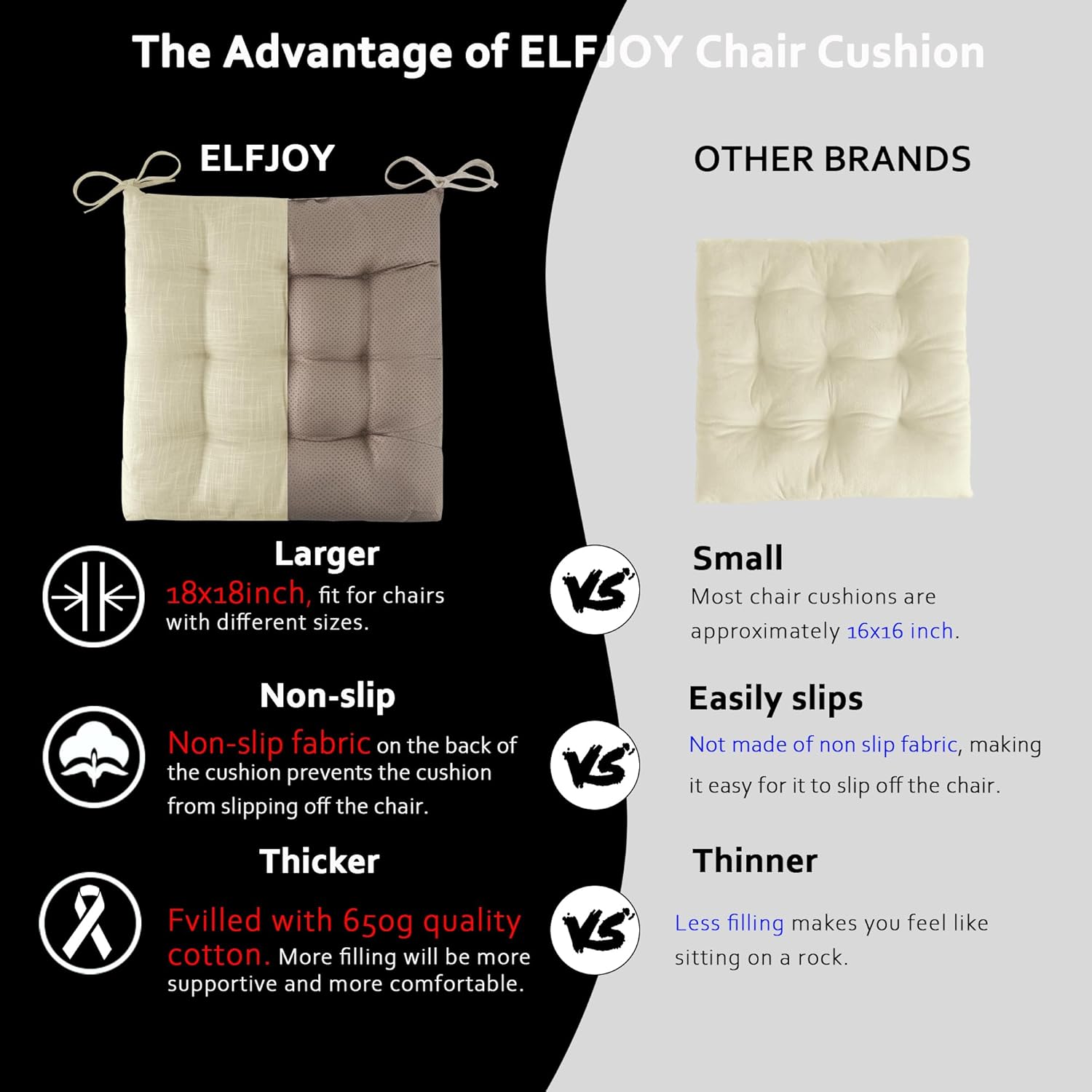 ELFJOY Extra Large Rocking Chair Cushion Non-Slip Linen Chair Pads Thick Back and Seat Cushion 2 Piece Set with Ties