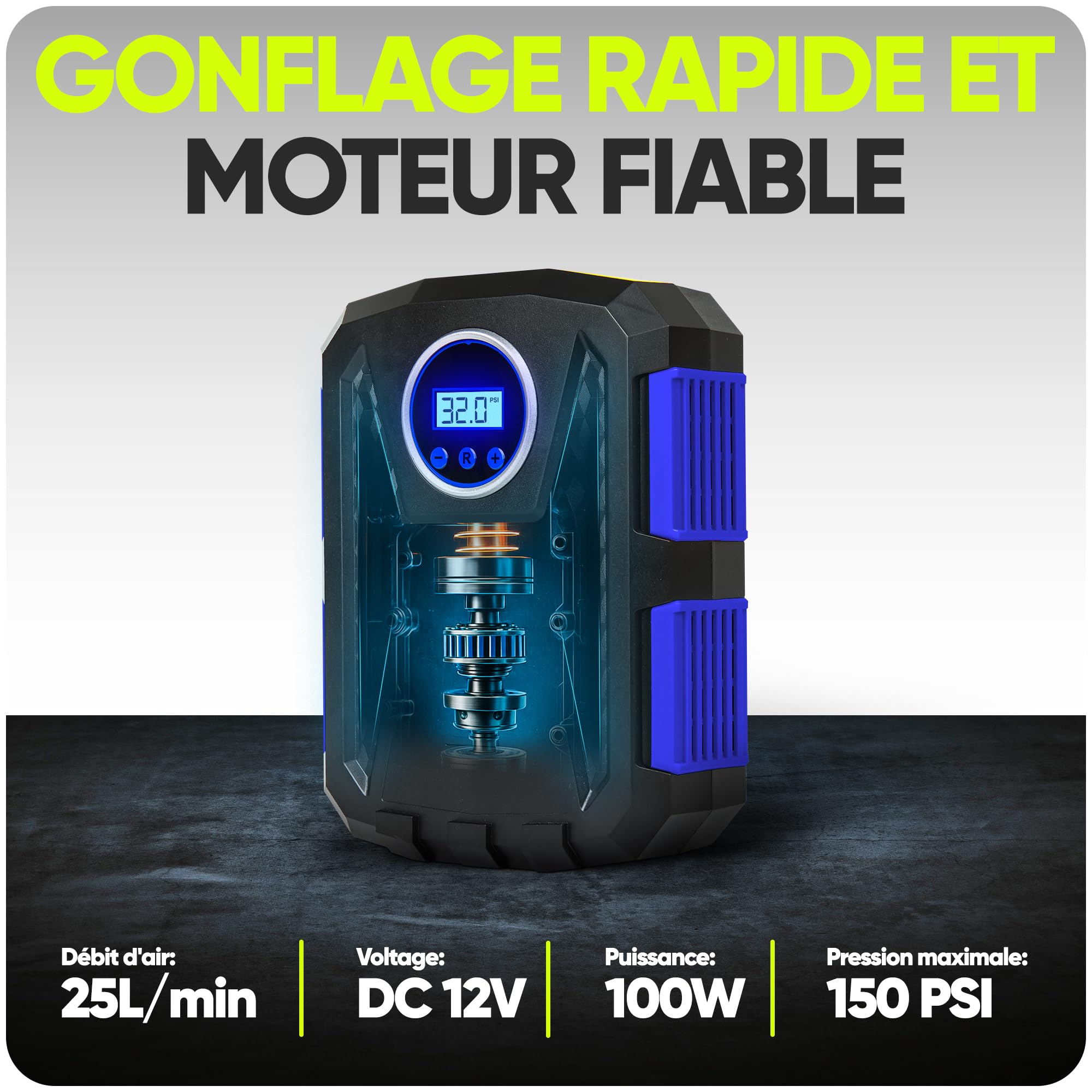 FORTEM Gonfleur pneus voiture - Compresseur 12V - Compresseur à air portatif automatique (150 PSI) - Gonfleur pneu voiture avec éclairage LED - Compresseurs d'air Portatifs - Moto & Vélo