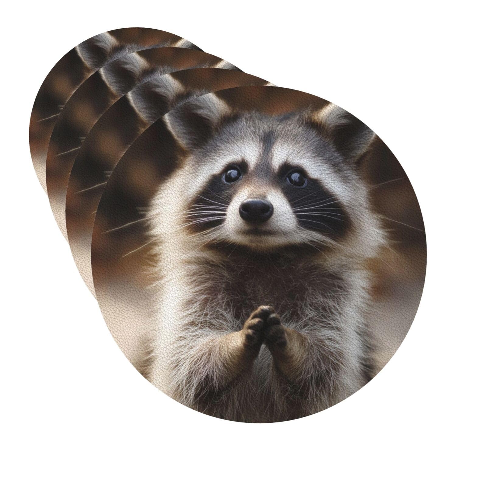 Drink Coasters Set of 4 Quick-Dry Leather Coaster raccoon Coasters for Drinks Coffee Cup Mat Tabletop Protection Heat Resistant Coaster for Kitchen Bar Office Home Decor