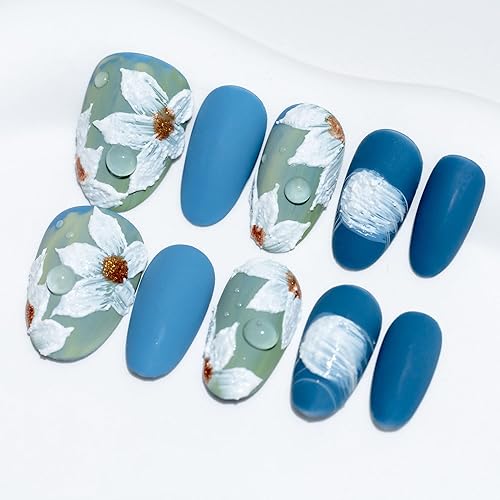 Miniatura 18 de Sun&Beam Nails Uñas a presión hechas a mano, medianas y largas, almendra, ovalada, azul, blanco, concha, punta falsa, diseño 3D, encantos lindos