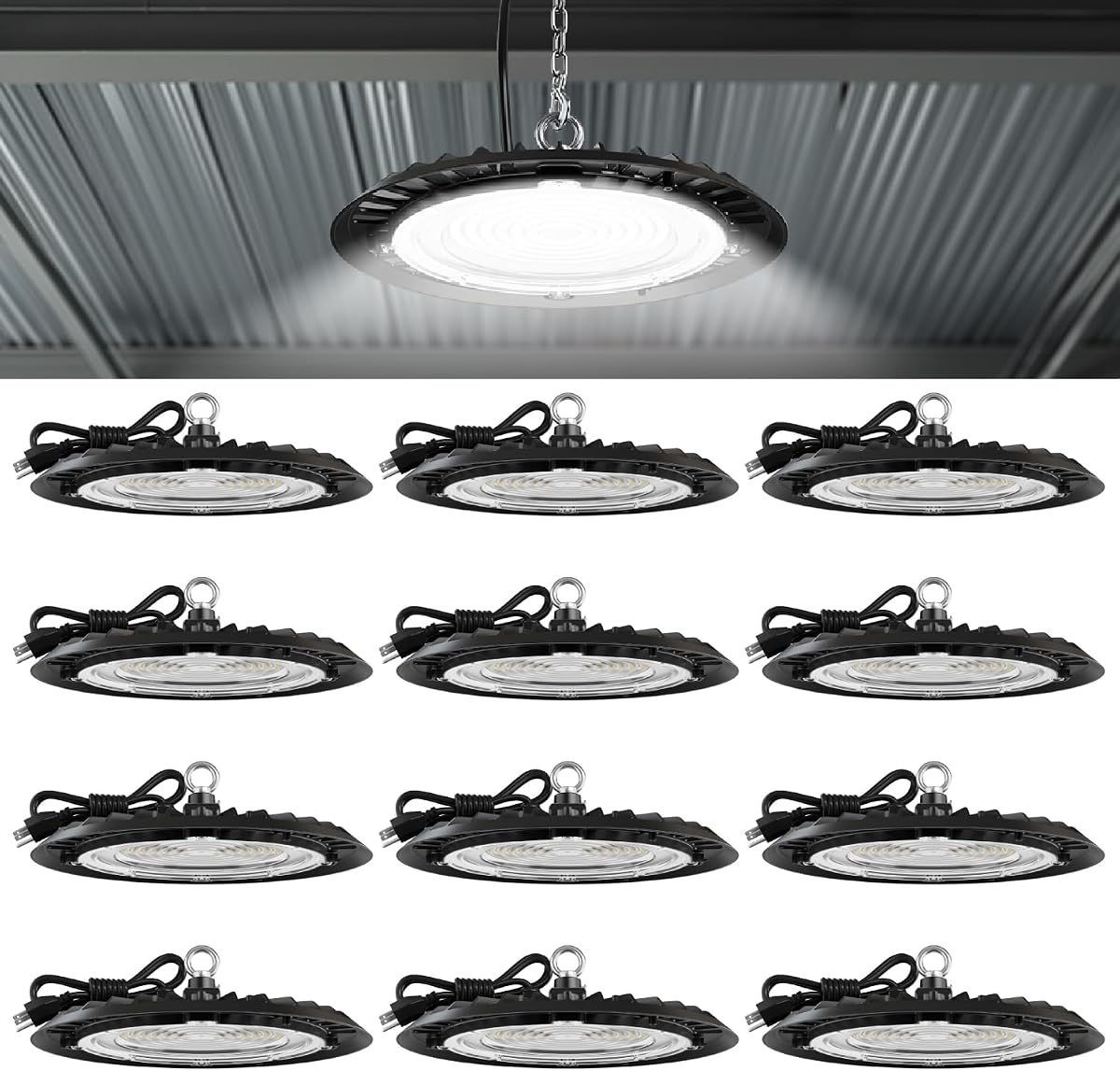 Sunco 12 Pack UFO LED High Bay Lights, Plug & Play, 150W, 19500LM, 5000K | 120V, Ceiling Mount, Ultra Bright Commercial Shop Lights, Factory, Workshop, for Warehouse, Garages, Barn