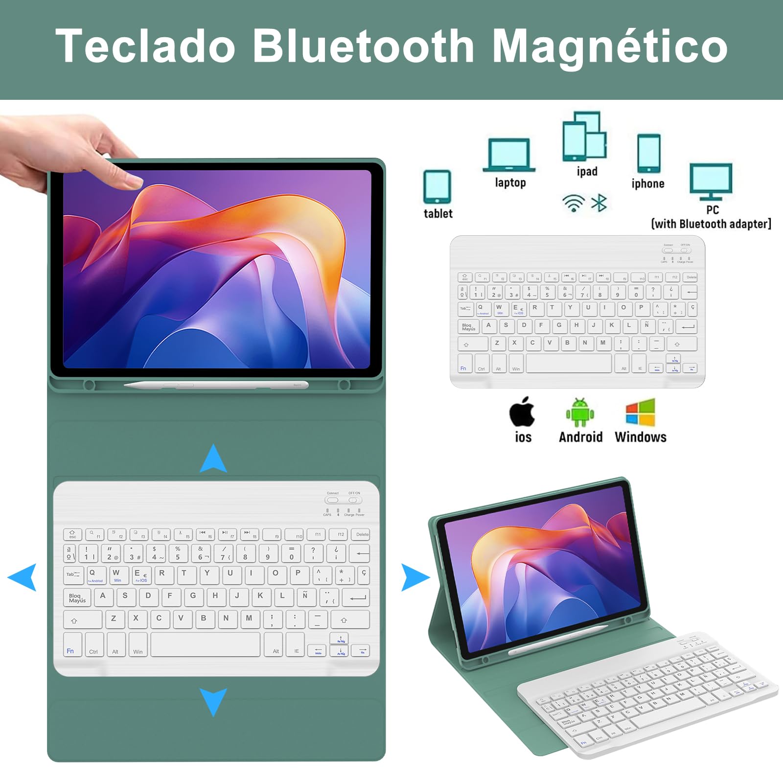 FOGARI Teclado para Redmi Pad 2 11" 2025, Funda para Xiaomi Redmi Pad 2 con Español Ñ Teclado Bluetooth Magnético Desmontable para Tablet Redmi Pad 2 11" 2025, Verde Oscuro