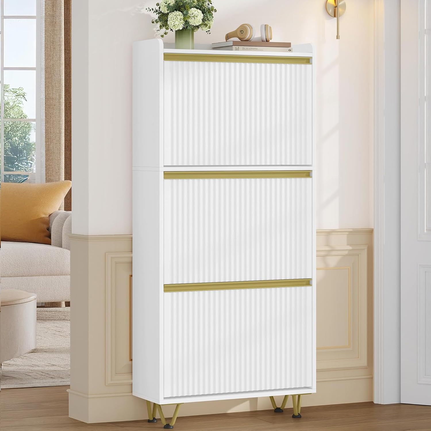 Shoe Cabinet with 3 Flip Drawers, Modern Narrow Hidden Shoe Storage Cabinet with Wave-Like Panels and Adjustable Shelves, 16-18 Pairs, Shoes Organizer Cabinets for Entryway, White SR62103X