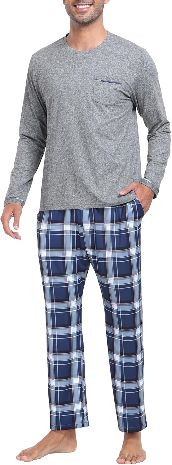 MoFiz Men's Pajamas Plaid Sets Sleepwear Sleep Long Sleeve Shirts and Pants Pajama Set Soft Mens Pjs Lounge Set with Pockets - Image 2