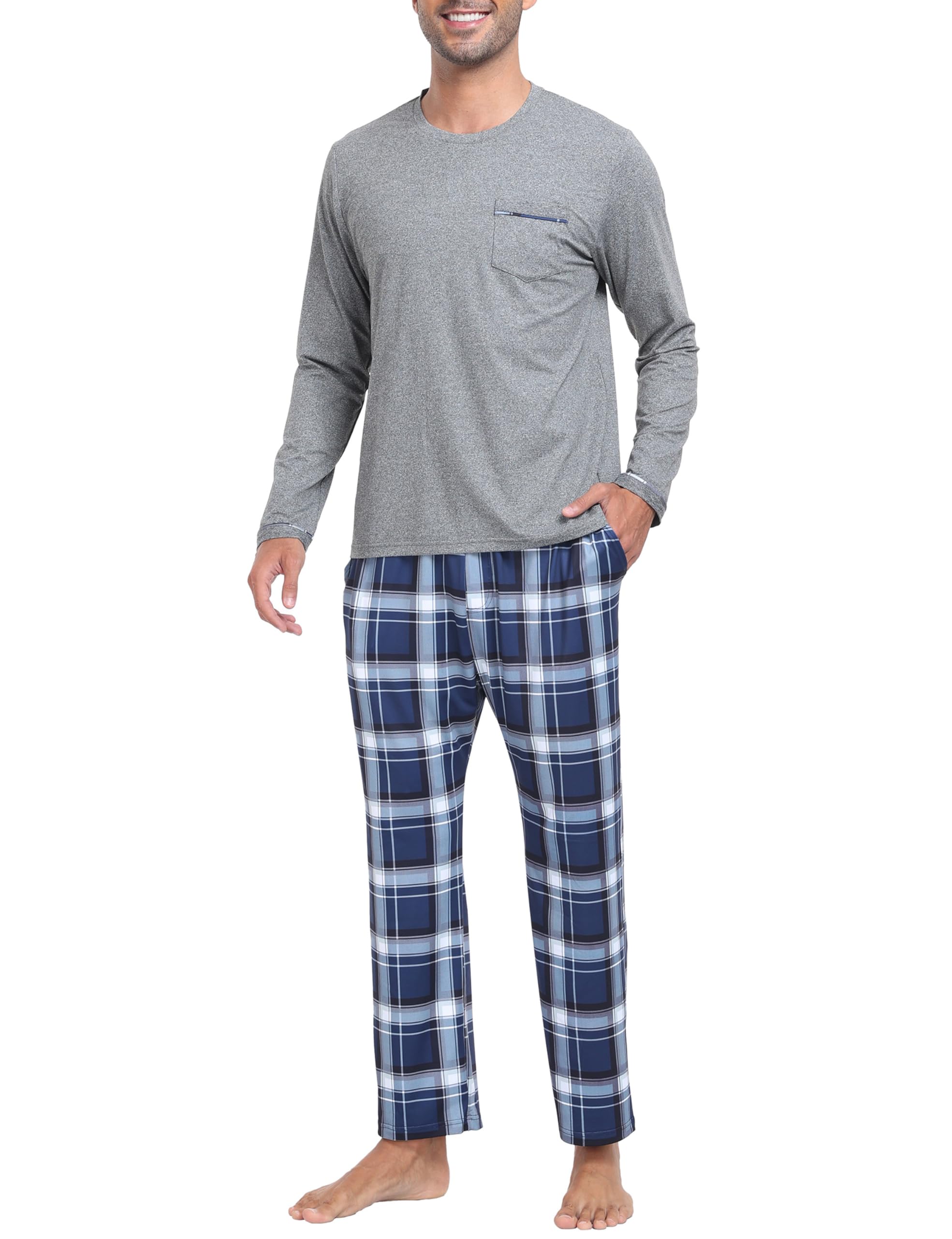 MoFiz Herren Schlafanzug Lang Pyjamaset Winter Weich Warme Langarm Shirt und Karierte Pyjamahose Lange Loungewear Nachtwäsche Set mit Brusttasche