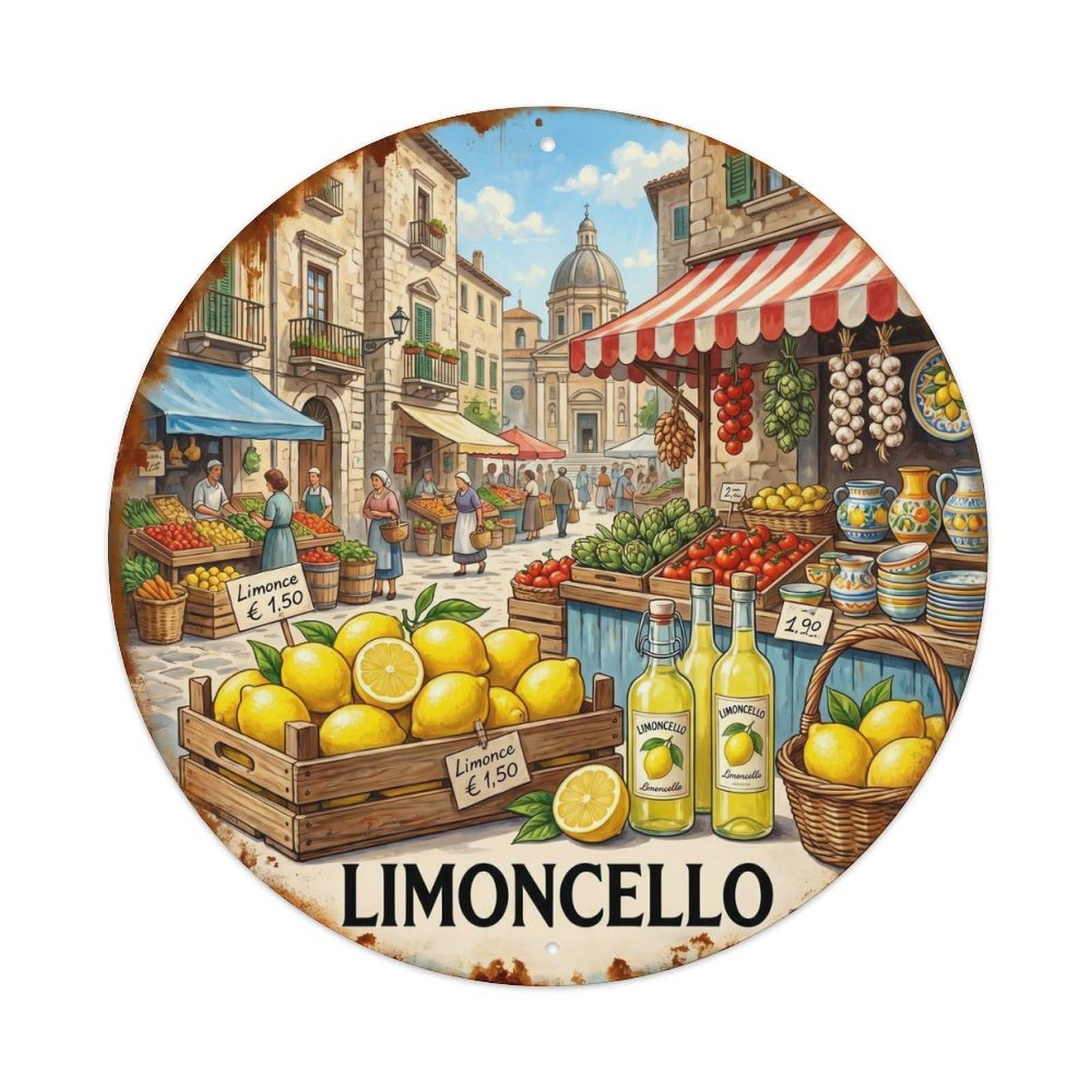 Fqcyn Style Artisanal Limoncello Market Metal Tin Sign Plaque Wall Decor For Cafe, Club Bar, Office, Home Garden Round Metal Poster 8X8inch