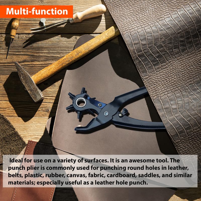 Image of Heavy Duty Rotary Leather Hole Punch Tool - Revolving Punch Plier for Belts, Watch Straps, Bags, Dog Collars, Fabric, and Saddles - 6 Hole Sizes (2-4.5mm) - Ergonomic Grip