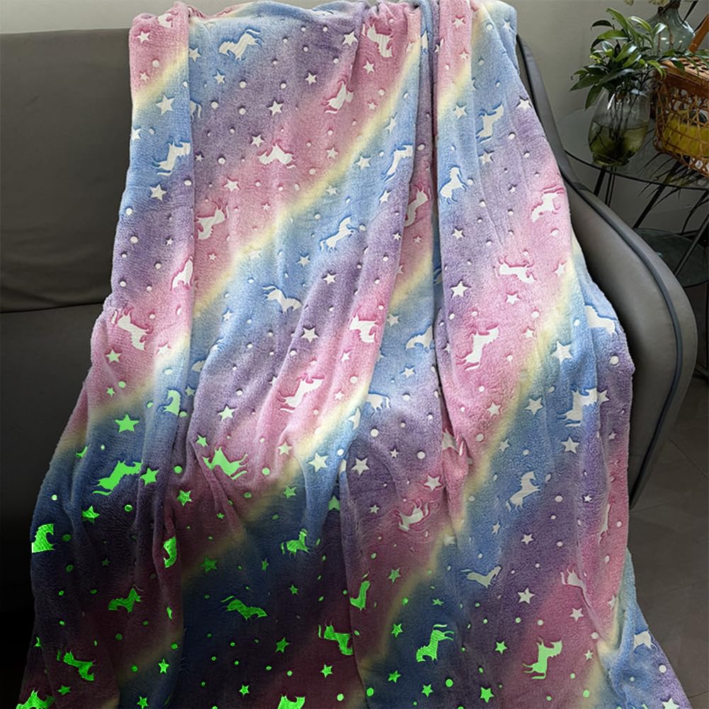 Kuscheldecke Kinder für Mädchen Junge - 150 x 130 cm Deck Glow in The Dark, Weiche Flauschig, Babydecke, Sofadecke, Kuschelig Warme Geschenk Decke für Weihnachten Geburtstag Ostern(Einhorn Bunt)