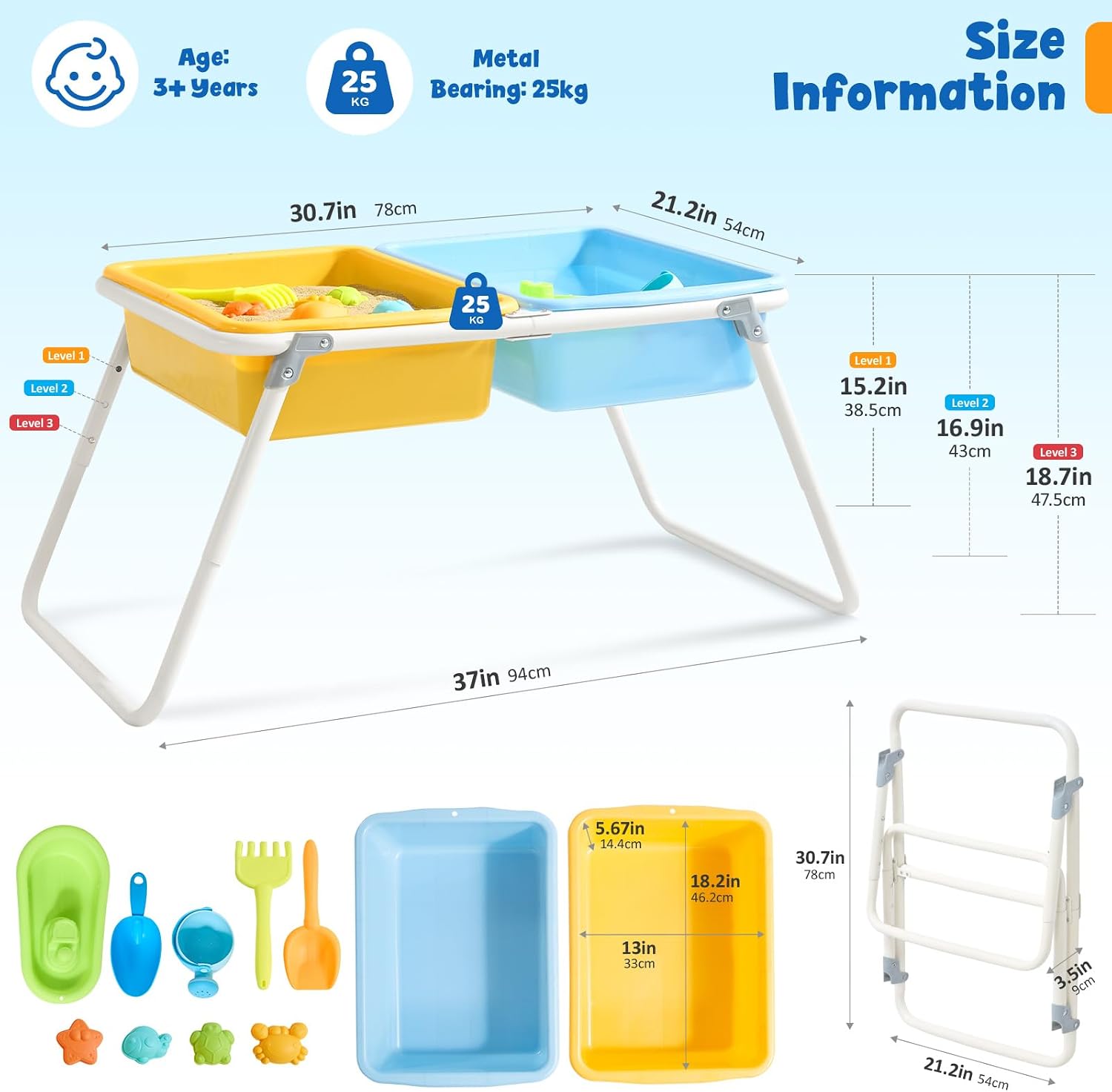 FUNLIO Foldable Sand and Water Table for 3-6 Years, Height Adjustable Toddler Sensory Table with dust Cover, 2 Storage Bins & Beach Accessories, Easy to Carry & Storage, CPC Certified