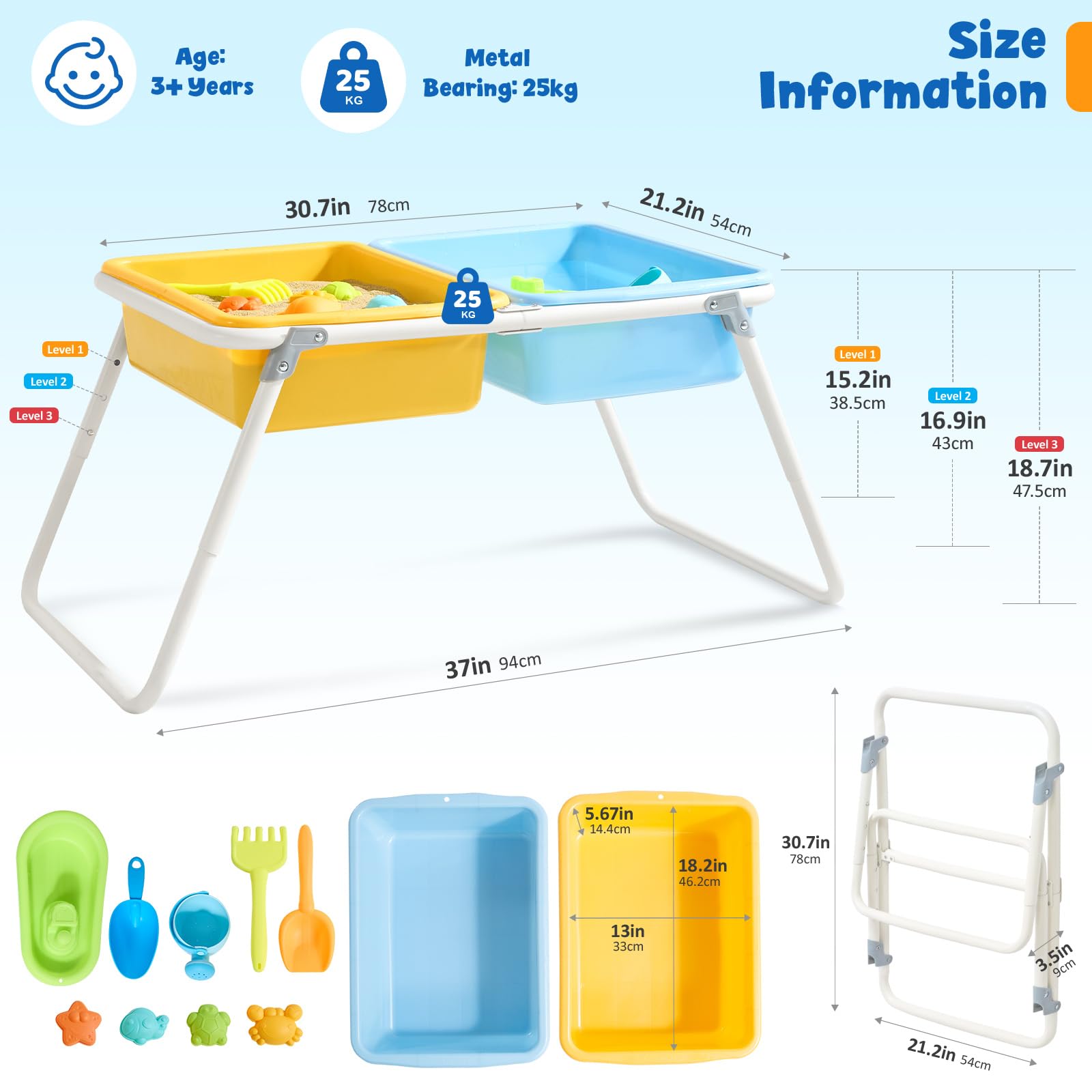 FUNLIO Table de Sable et d’Eau Pliante pour 3-6 Ans, Table Sensorielle pour Tout-Petits Réglable en Hauteur avec Housse Anti-Poussière, 2 Boîtes de Rangement & Accessoires de Plage, Portable